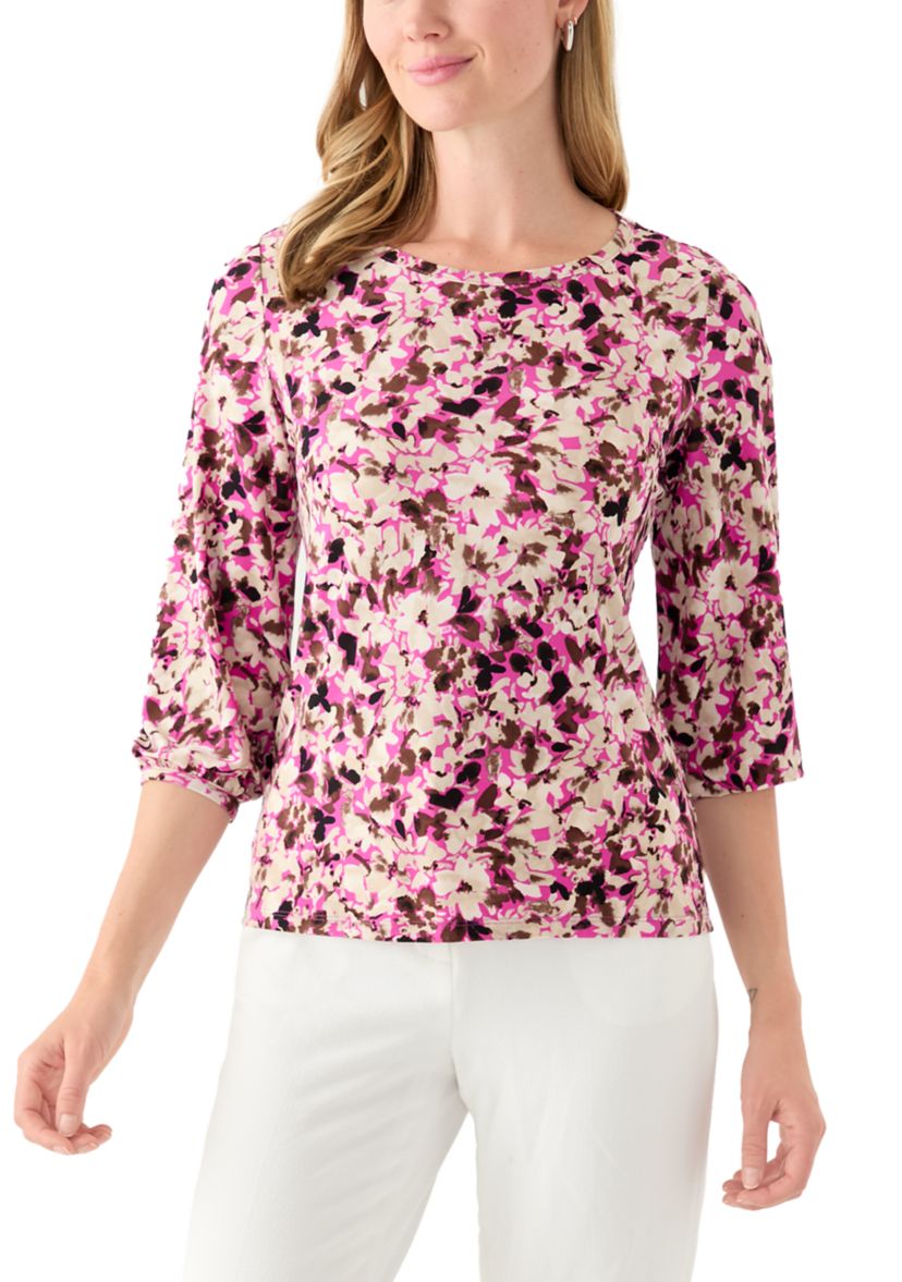 Petite Printed Moss Crepe Crew Neck Top with 3/4 Puff Sleeves