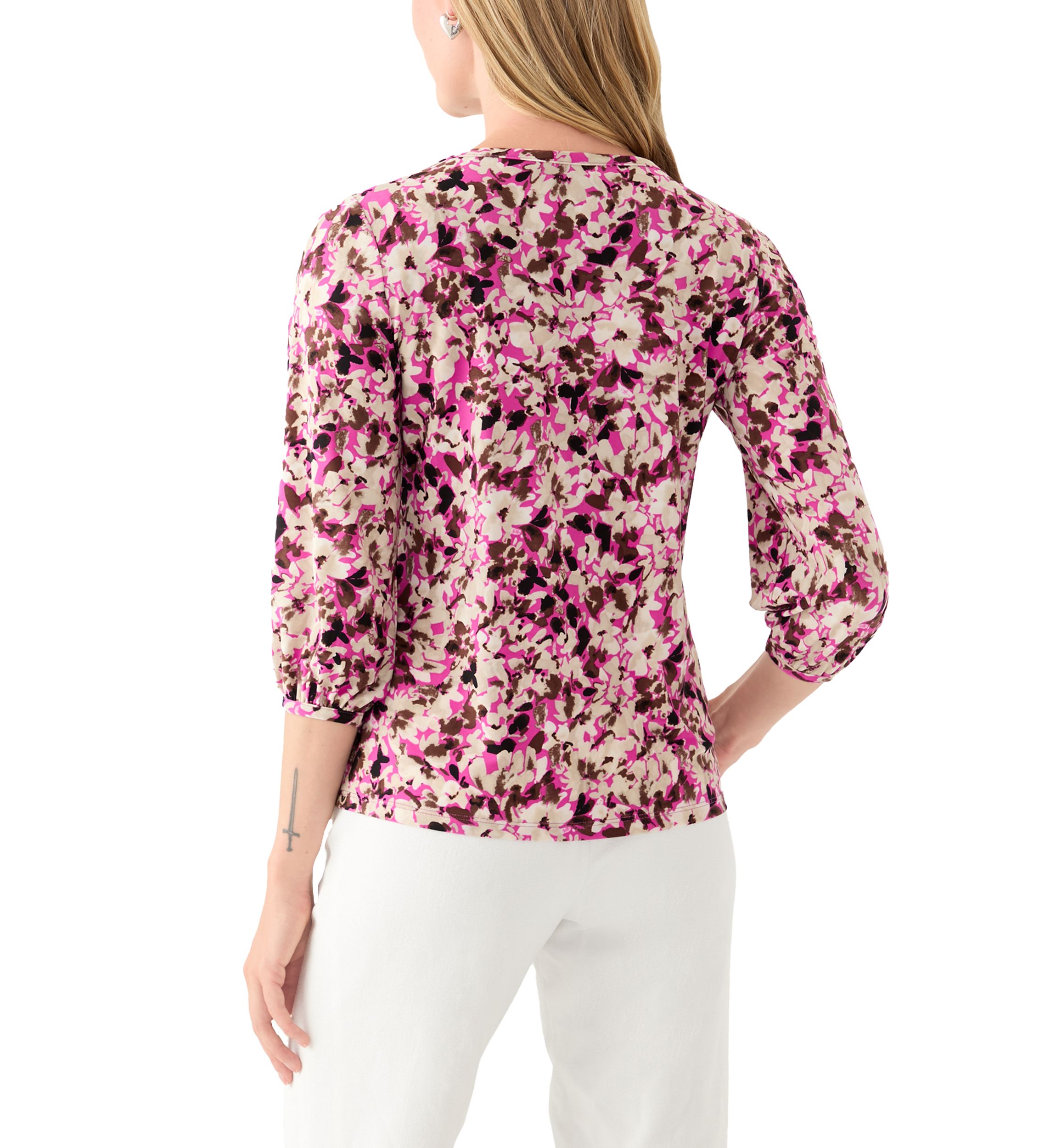 Petite Printed Moss Crepe Crew Neck Top with 3/4 Puff Sleeves