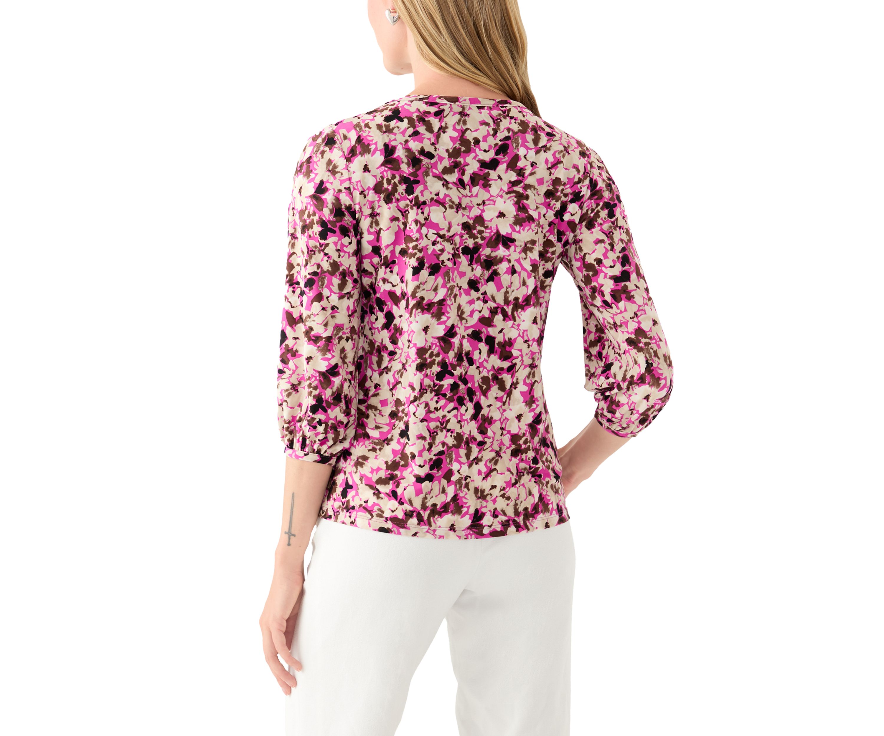 Petite Printed Moss Crepe Crew Neck Top with 3/4 Puff Sleeves
