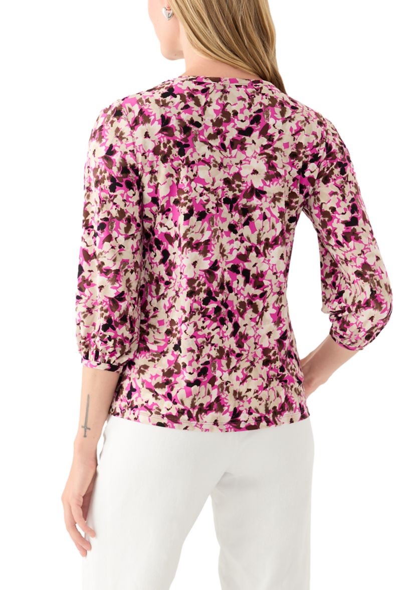 Petite Printed Moss Crepe Crew Neck Top with 3/4 Puff Sleeves
