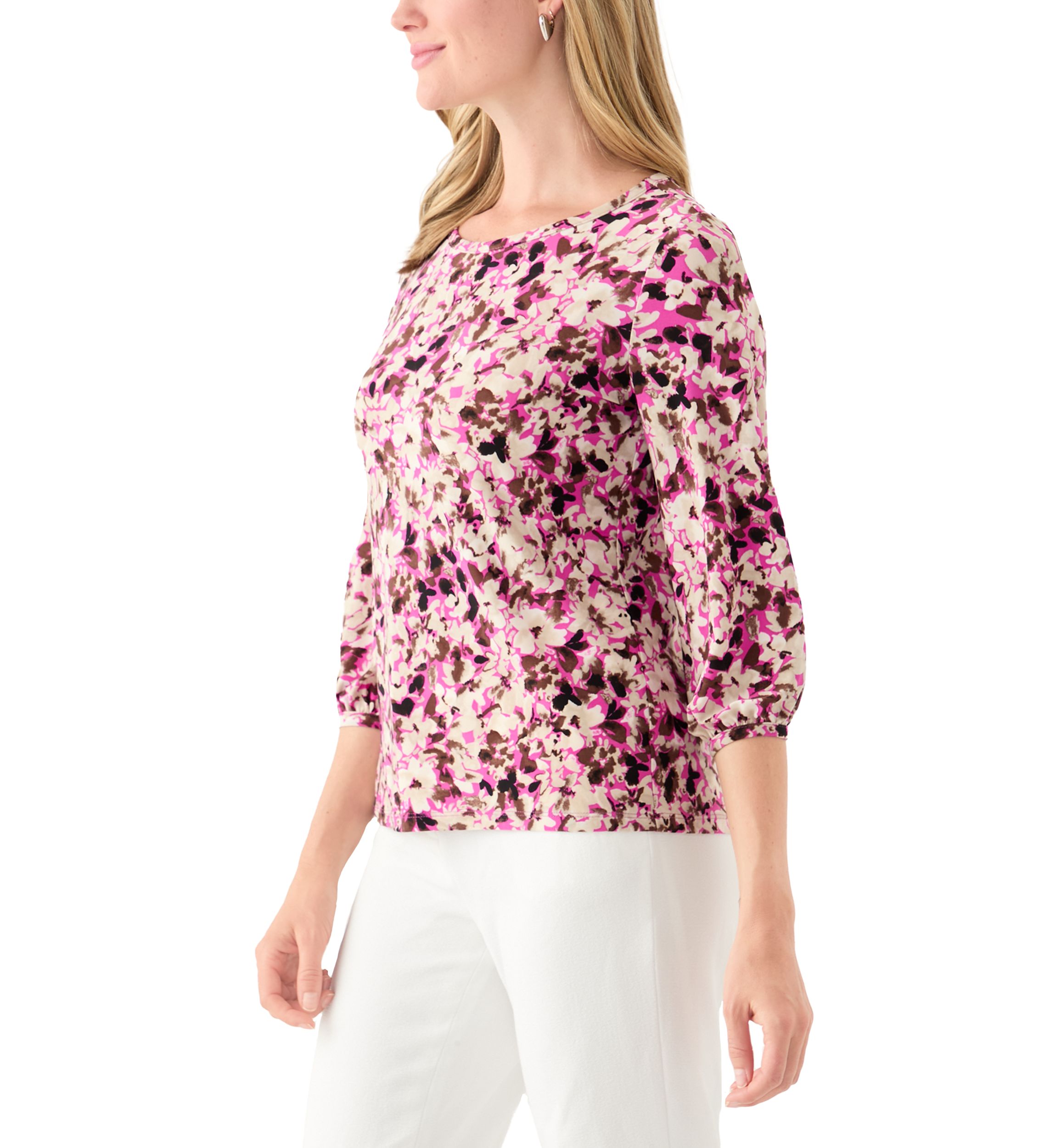 Petite Printed Moss Crepe Crew Neck Top with 3/4 Puff Sleeves