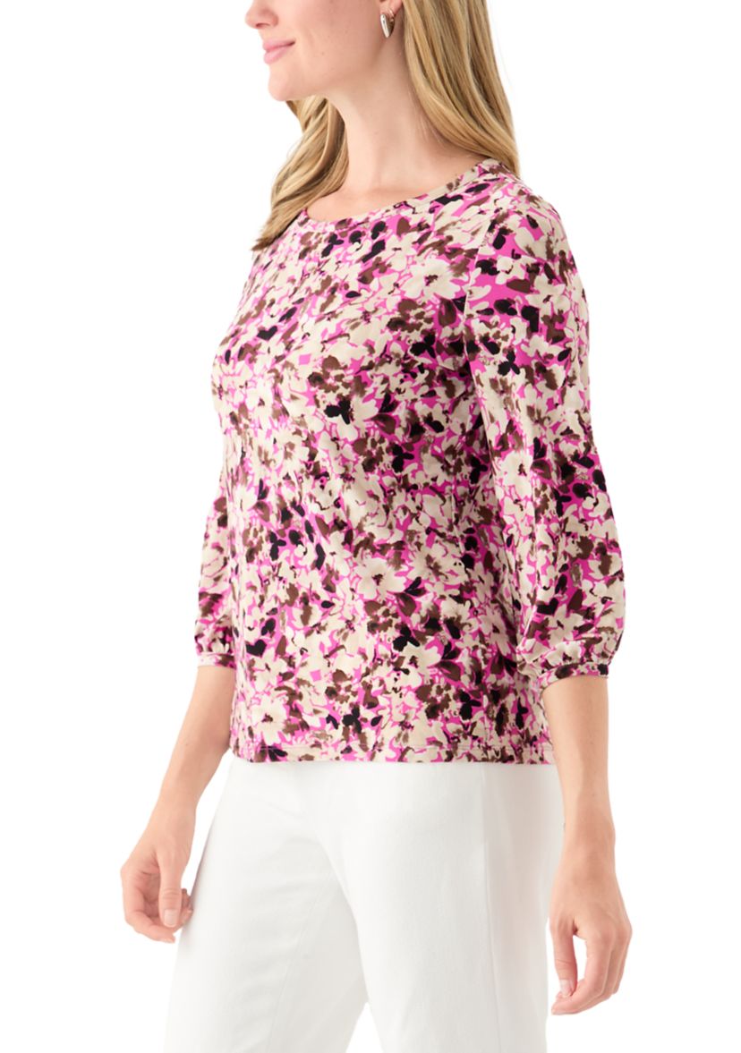 Petite Printed Moss Crepe Crew Neck Top with 3/4 Puff Sleeves