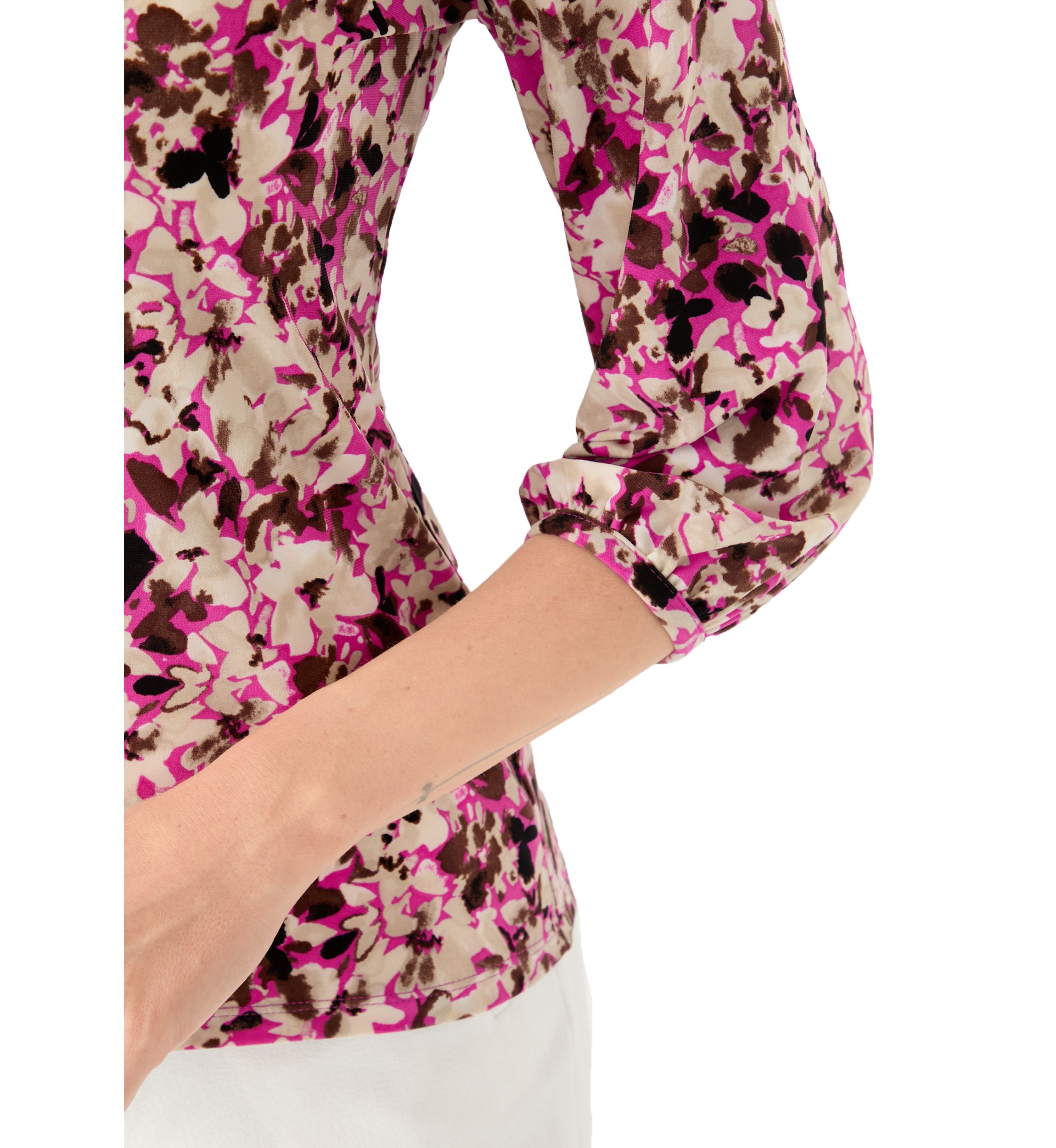 Petite Printed Moss Crepe Crew Neck Top with 3/4 Puff Sleeves