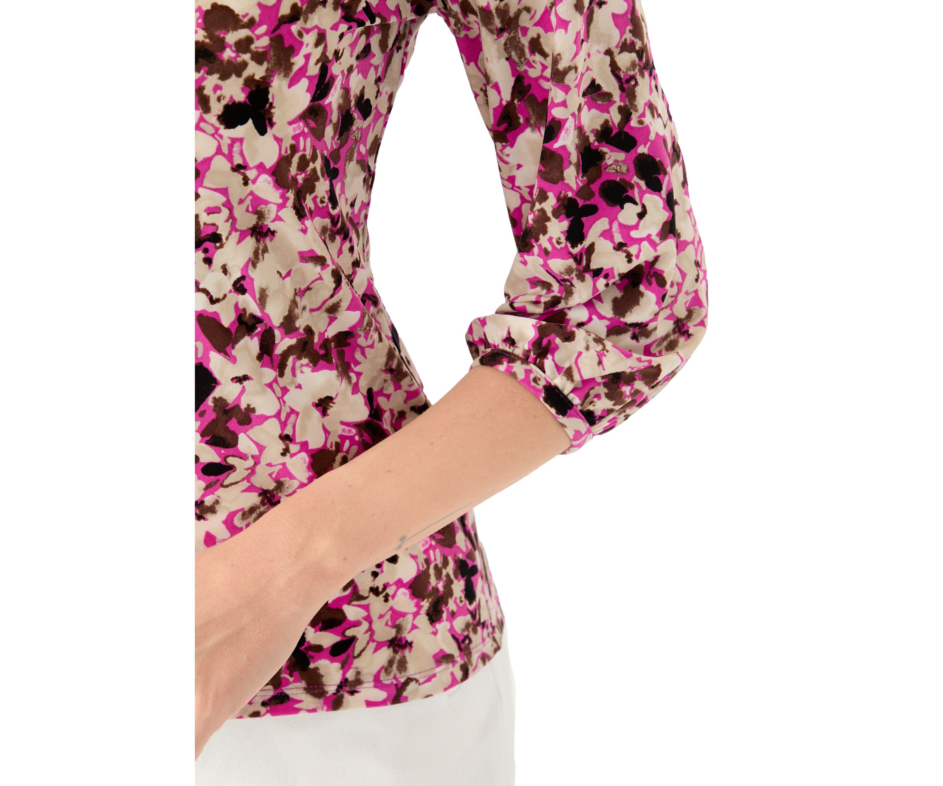 Petite Printed Moss Crepe Crew Neck Top with 3/4 Puff Sleeves