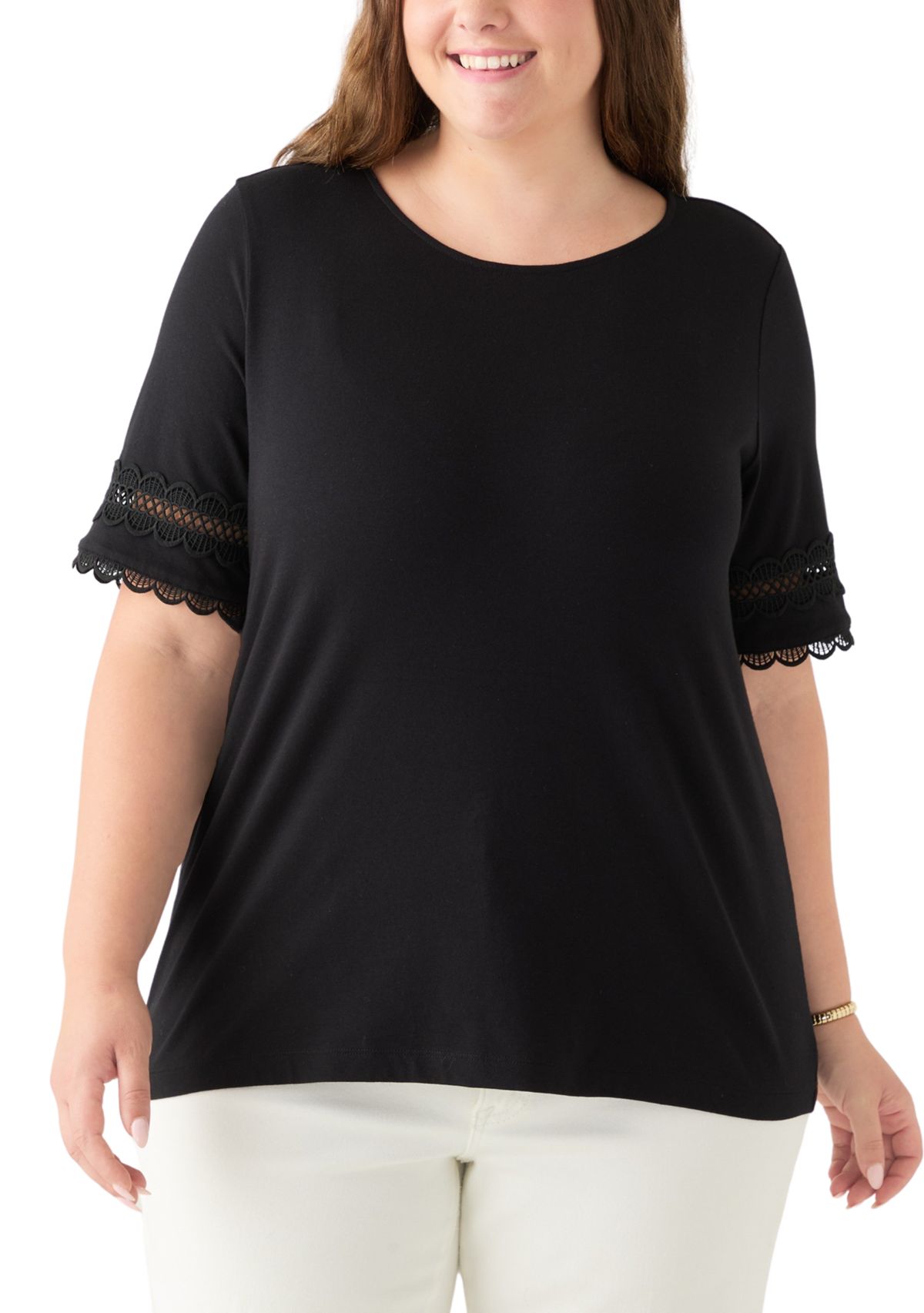 Plus Size  Elbow Sleeve Trim Top 