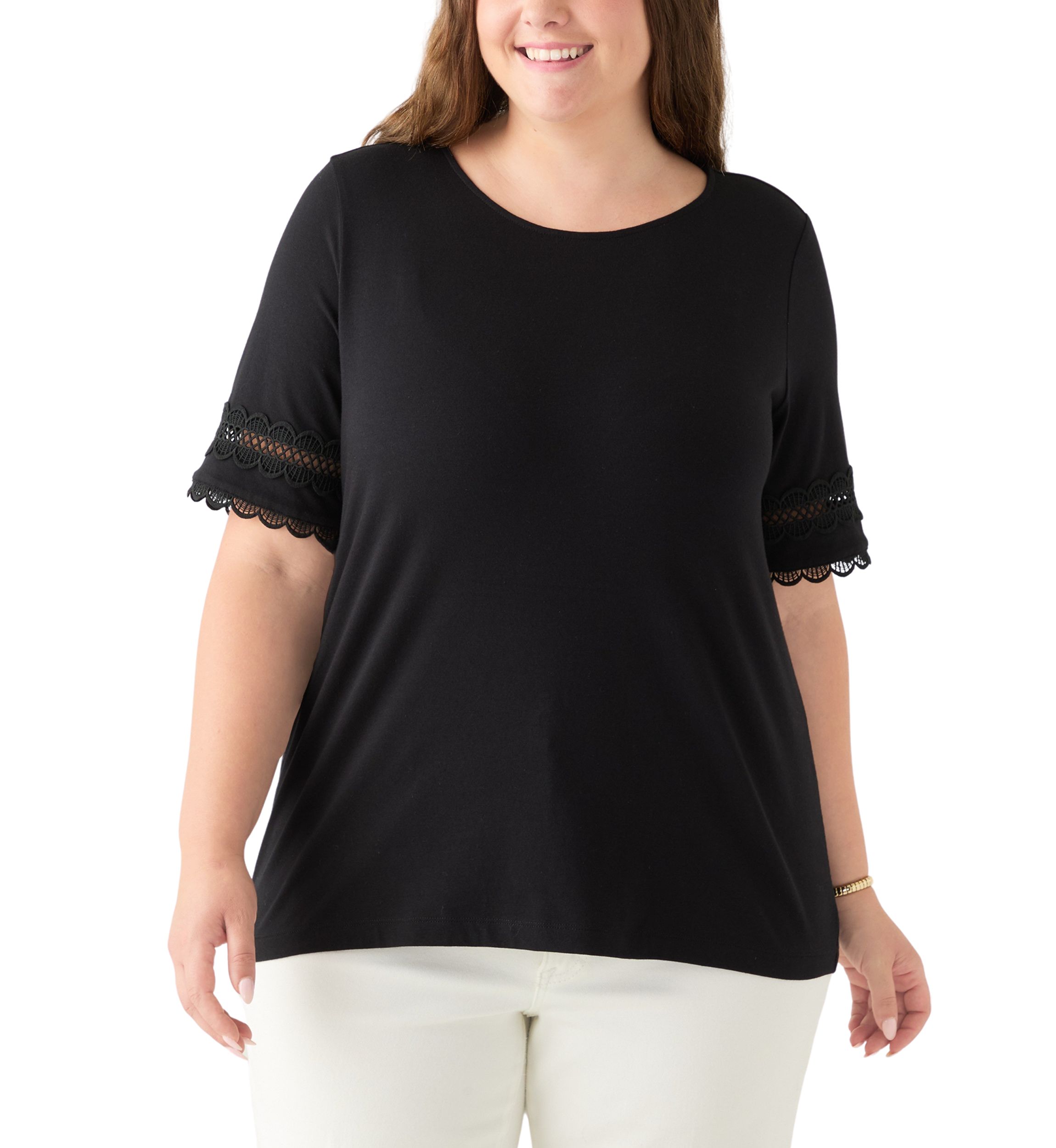 Plus Size  Elbow Sleeve Trim Top 