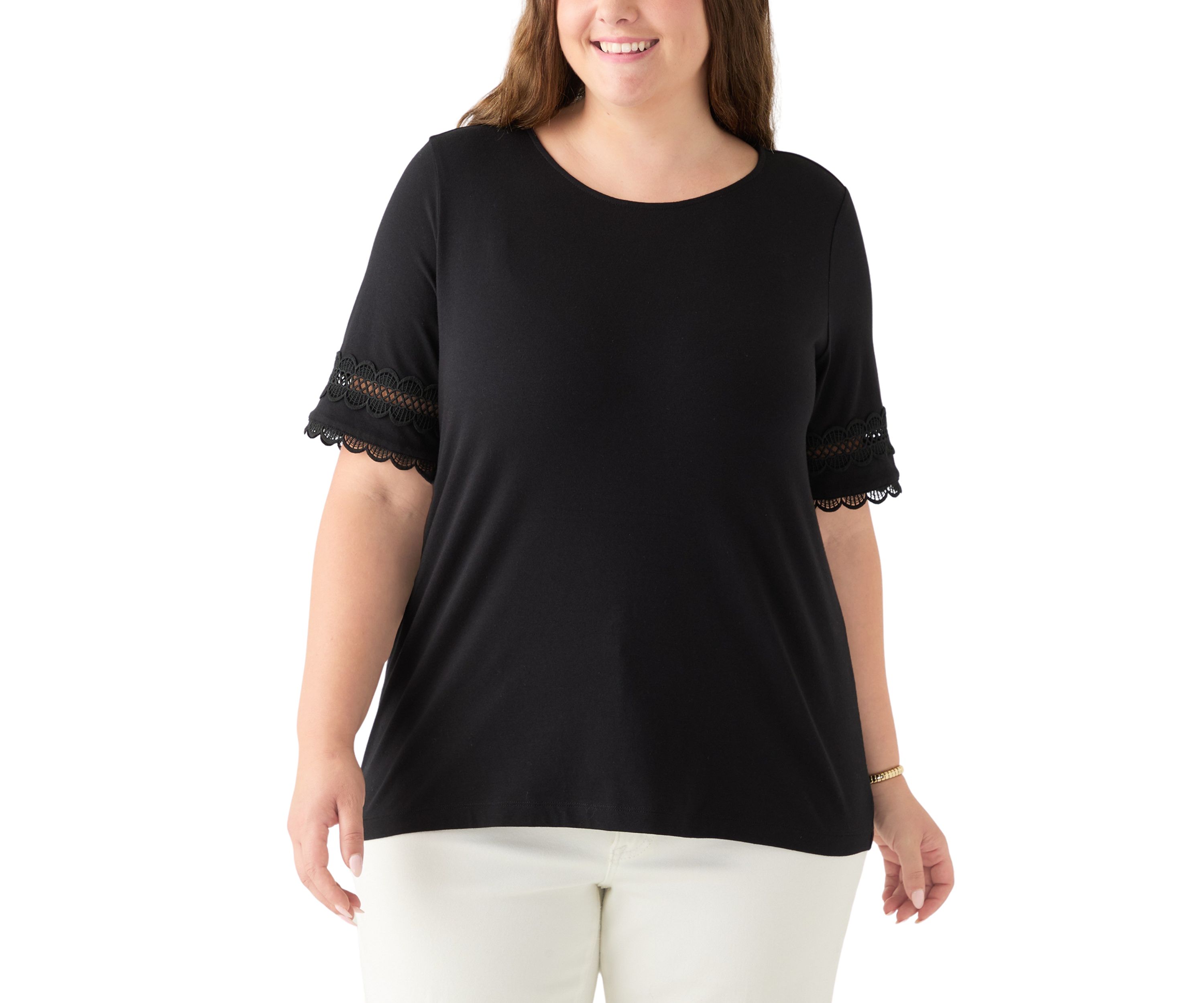 Plus Size  Elbow Sleeve Trim Top 