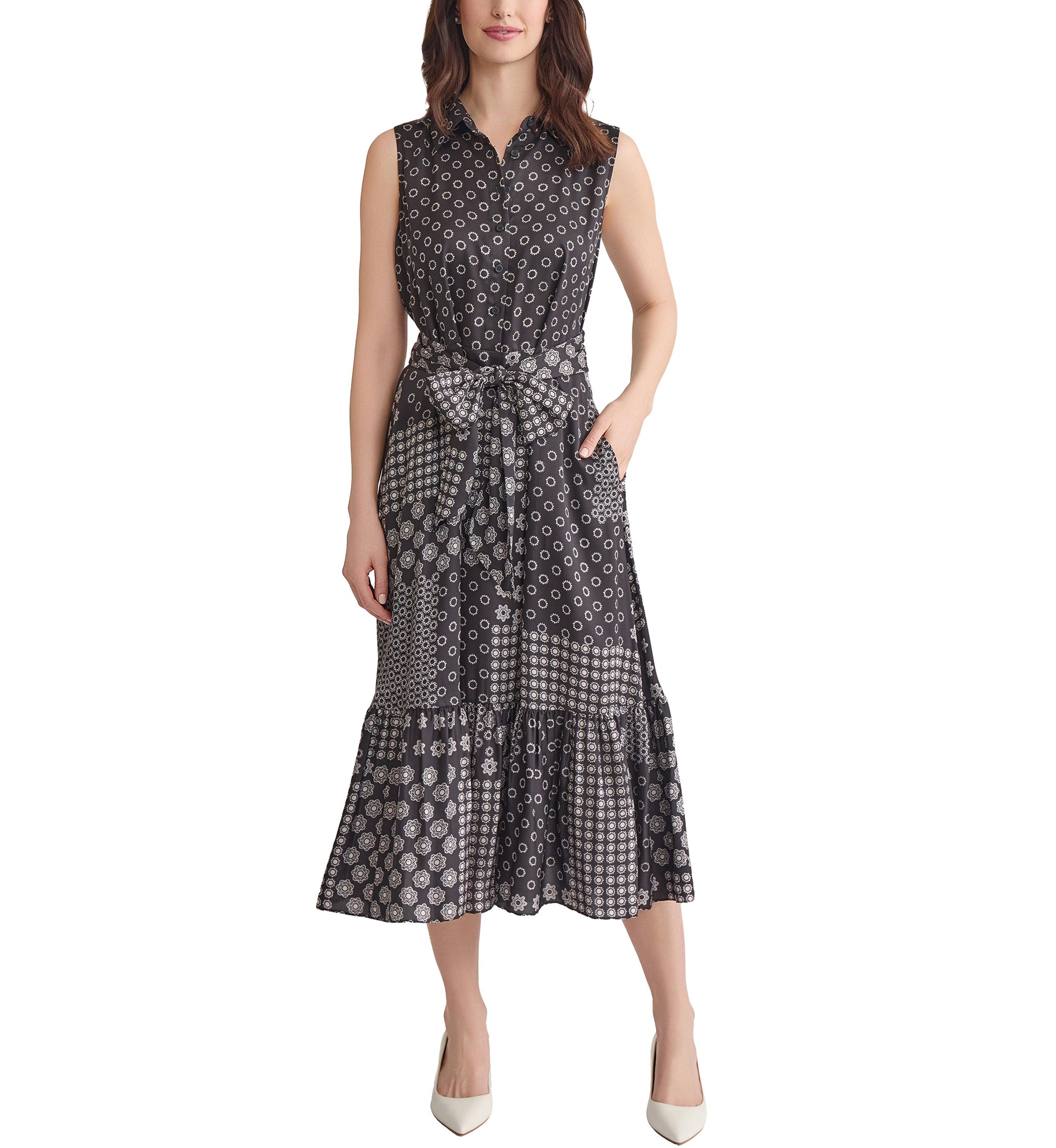 Womens Sleeveless Midi Shirtdress with Bottom Band Shirring
