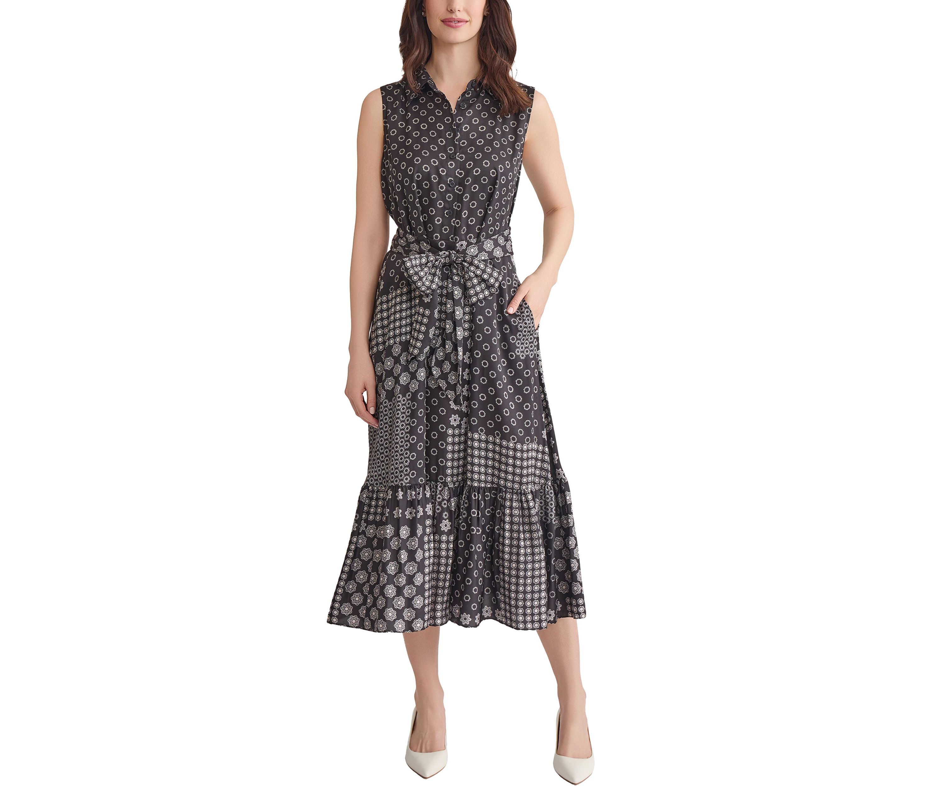 Womens Sleeveless Midi Shirtdress with Bottom Band Shirring