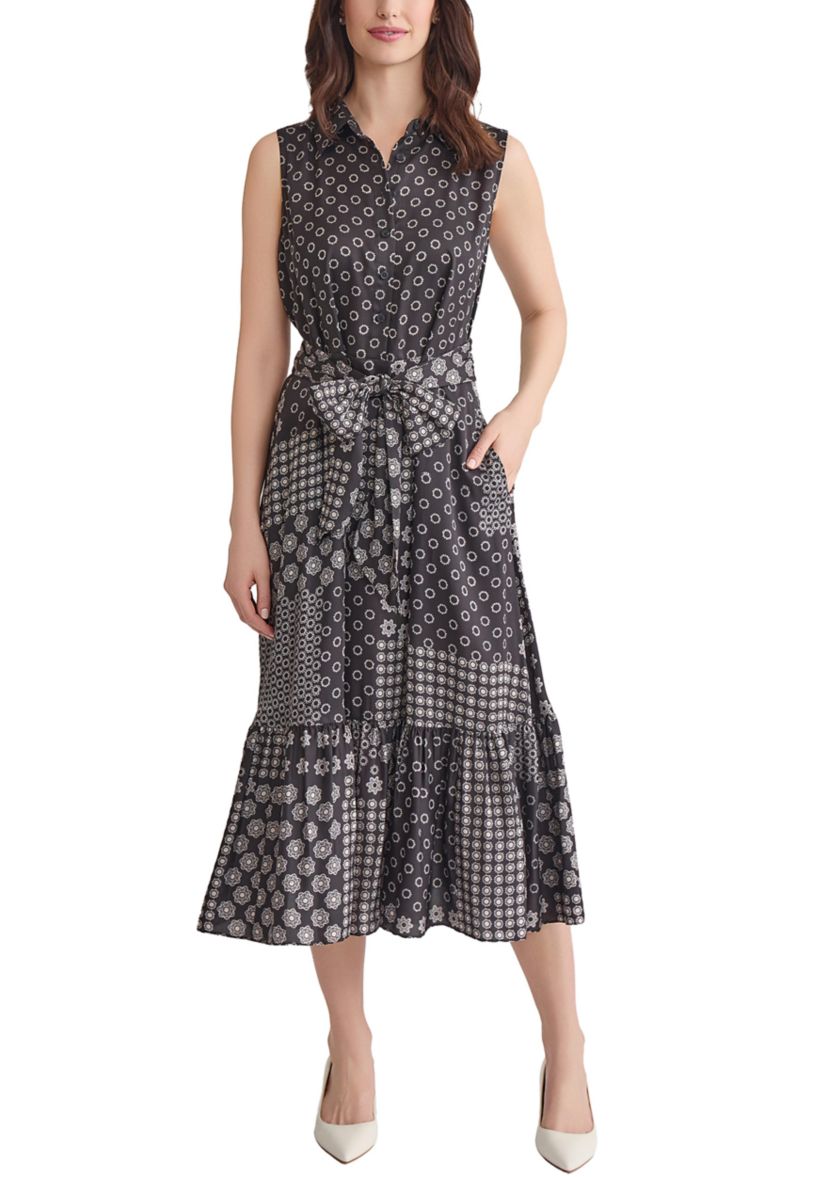 Womens Sleeveless Midi Shirtdress with Bottom Band Shirring