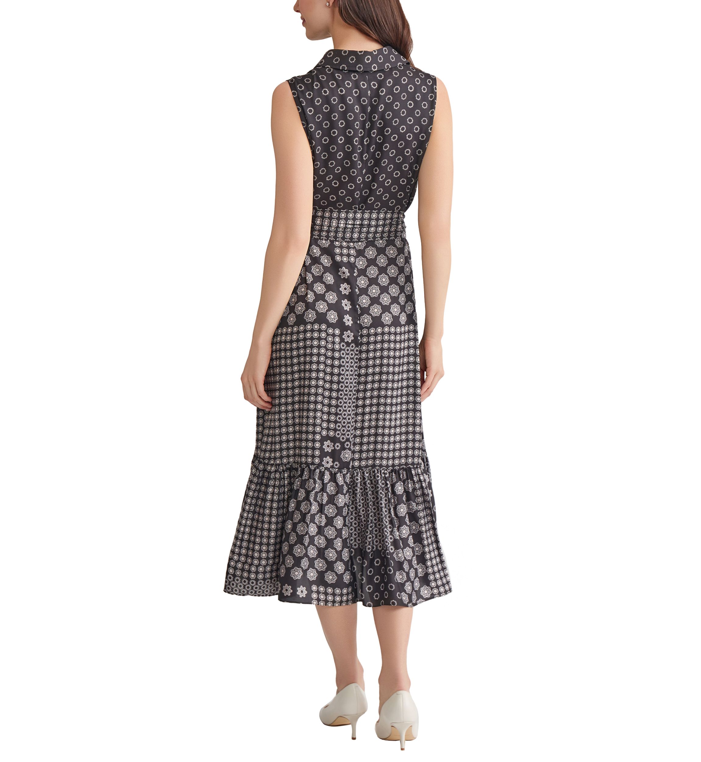 Womens Sleeveless Midi Shirtdress with Bottom Band Shirring