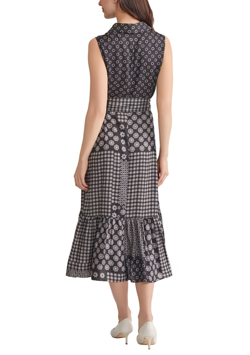 Womens Sleeveless Midi Shirtdress with Bottom Band Shirring