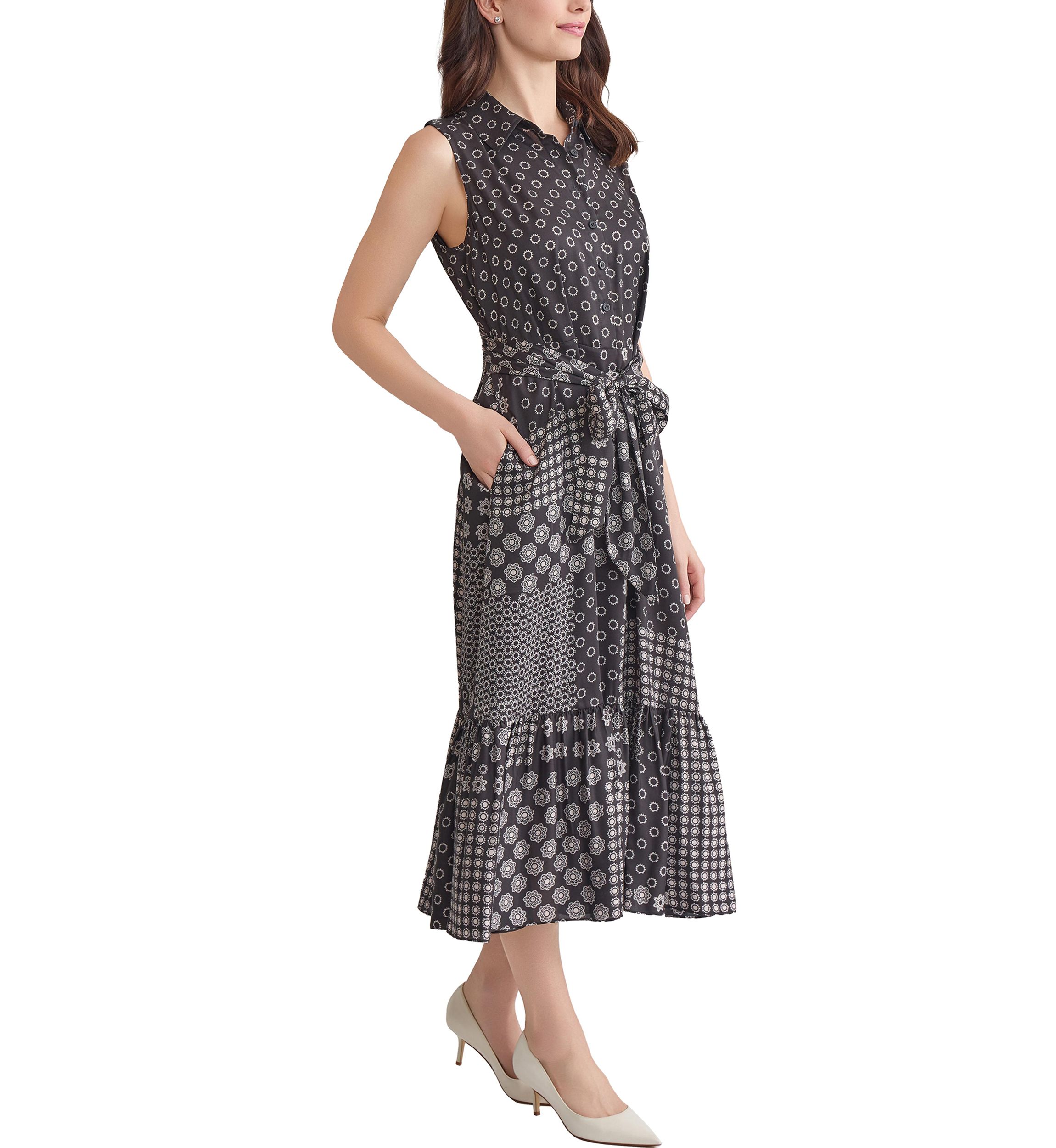 Womens Sleeveless Midi Shirtdress with Bottom Band Shirring