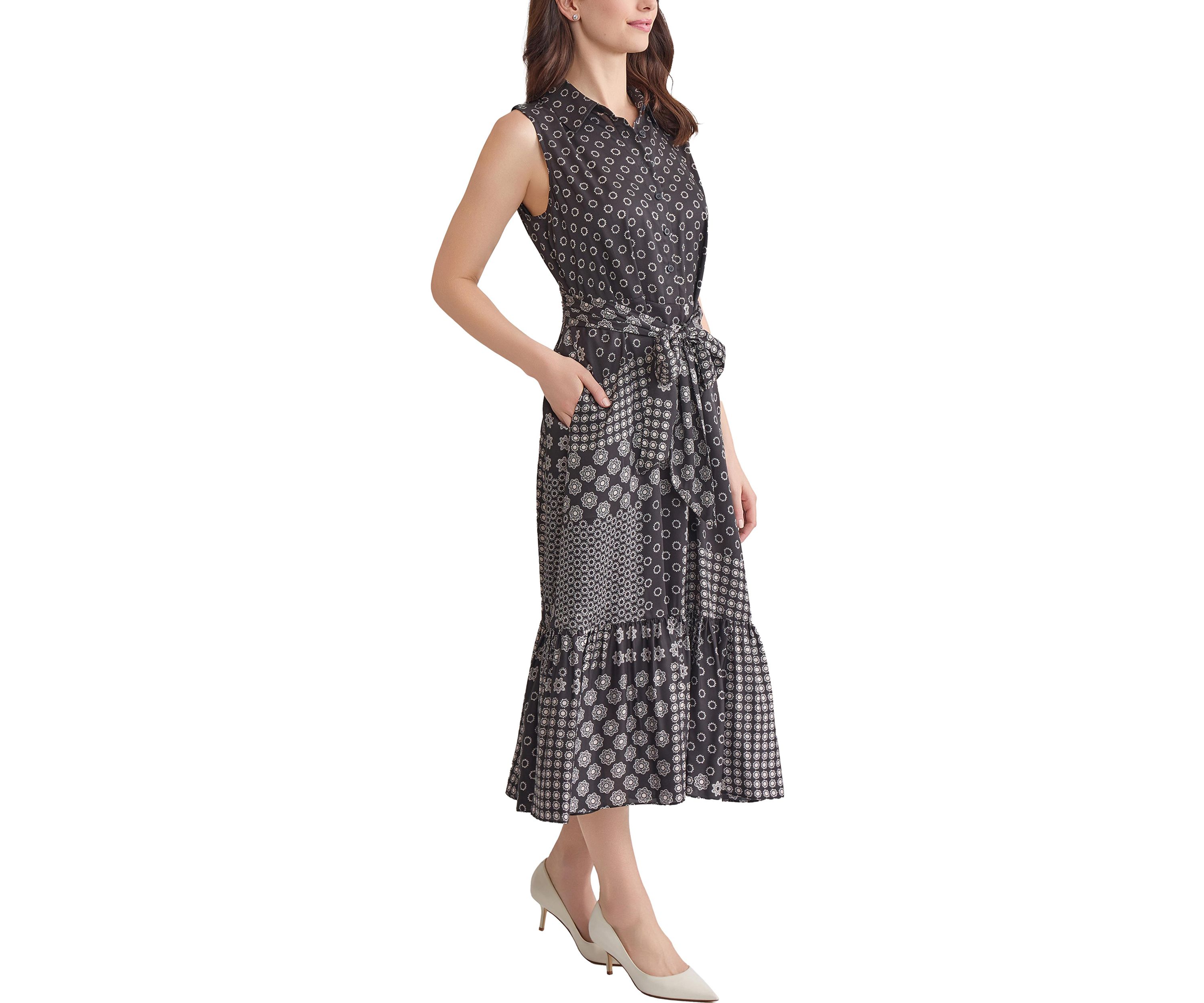 Womens Sleeveless Midi Shirtdress with Bottom Band Shirring