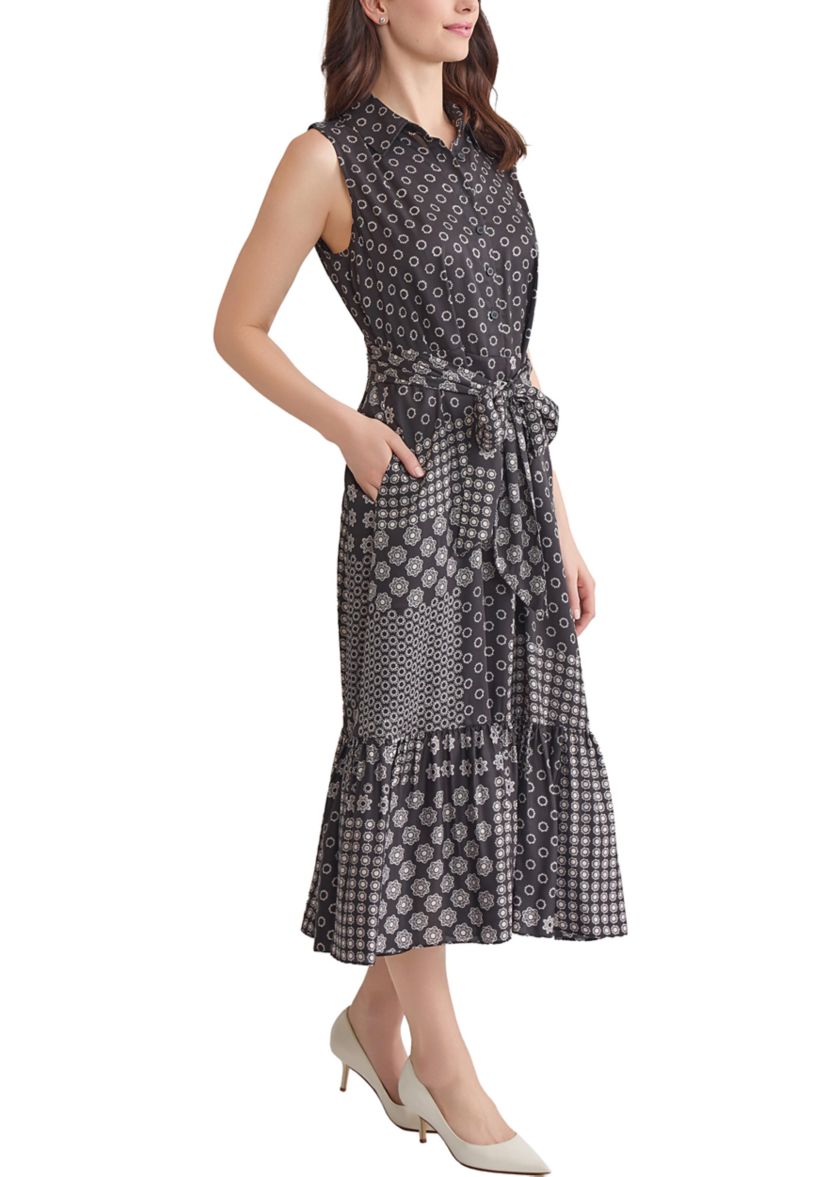 Womens Sleeveless Midi Shirtdress with Bottom Band Shirring