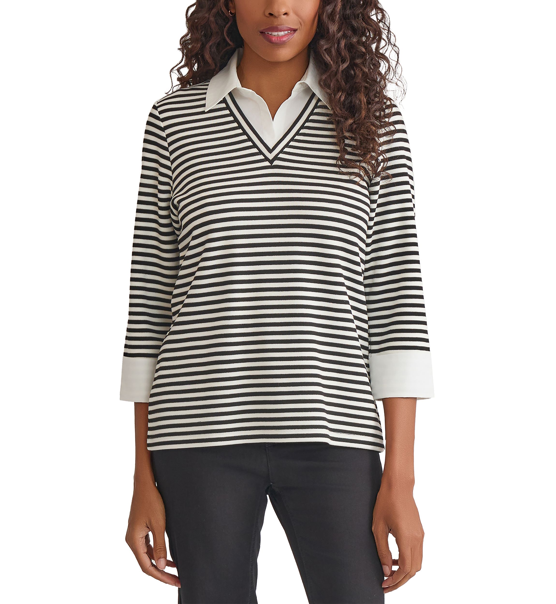Womens 3/4 Sleeve Collar 2fer Top