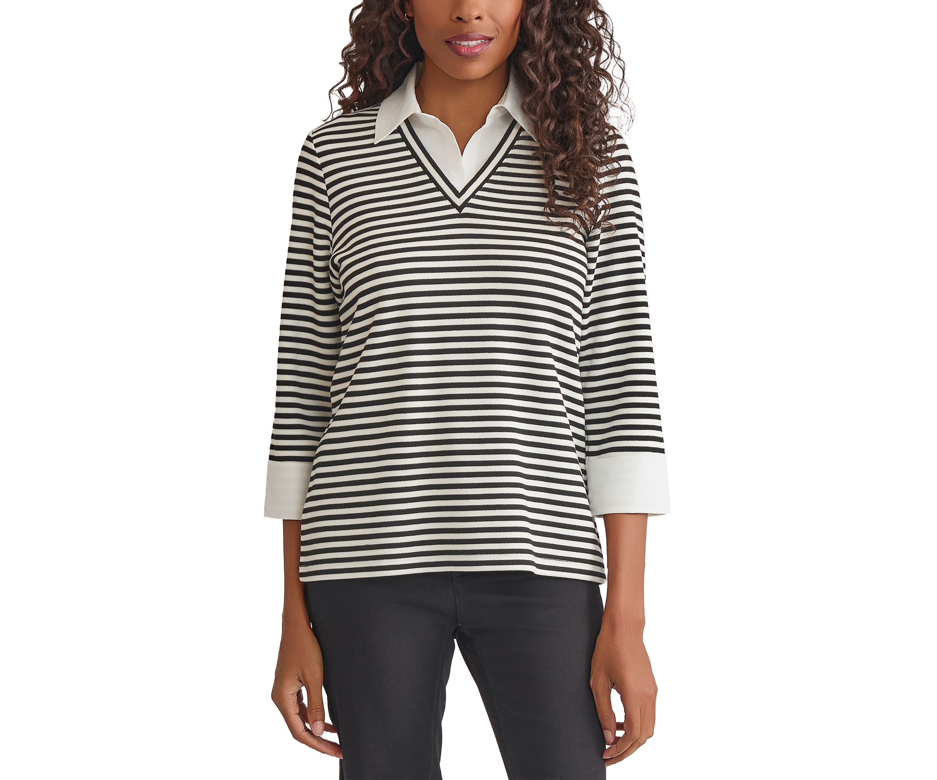 Womens 3/4 Sleeve Collar 2fer Top