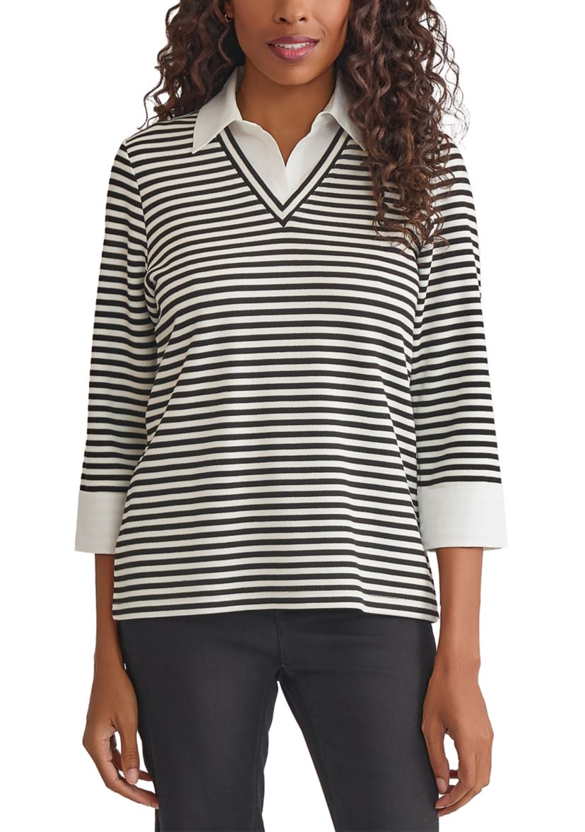 Womens 3/4 Sleeve Collar 2fer Top
