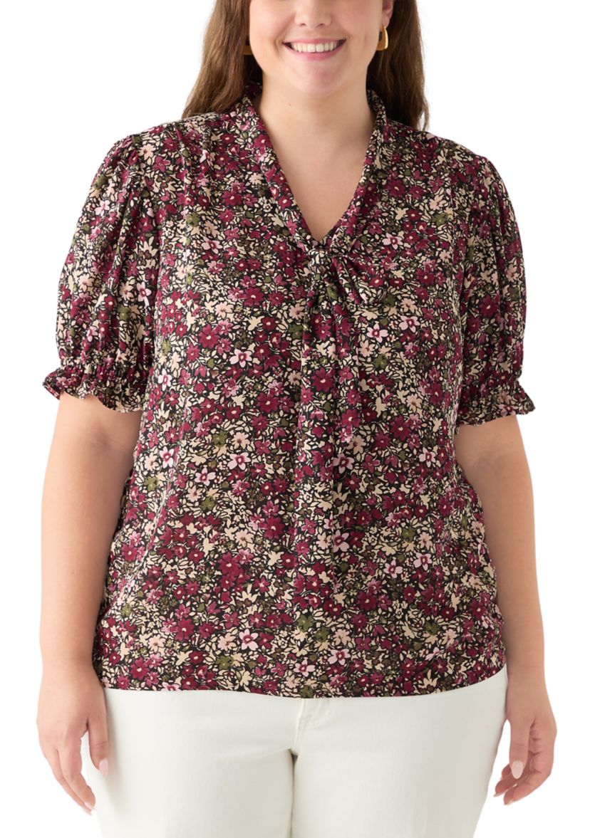 Plus Size Tie Neck Blouse with Short Puff Sleeves