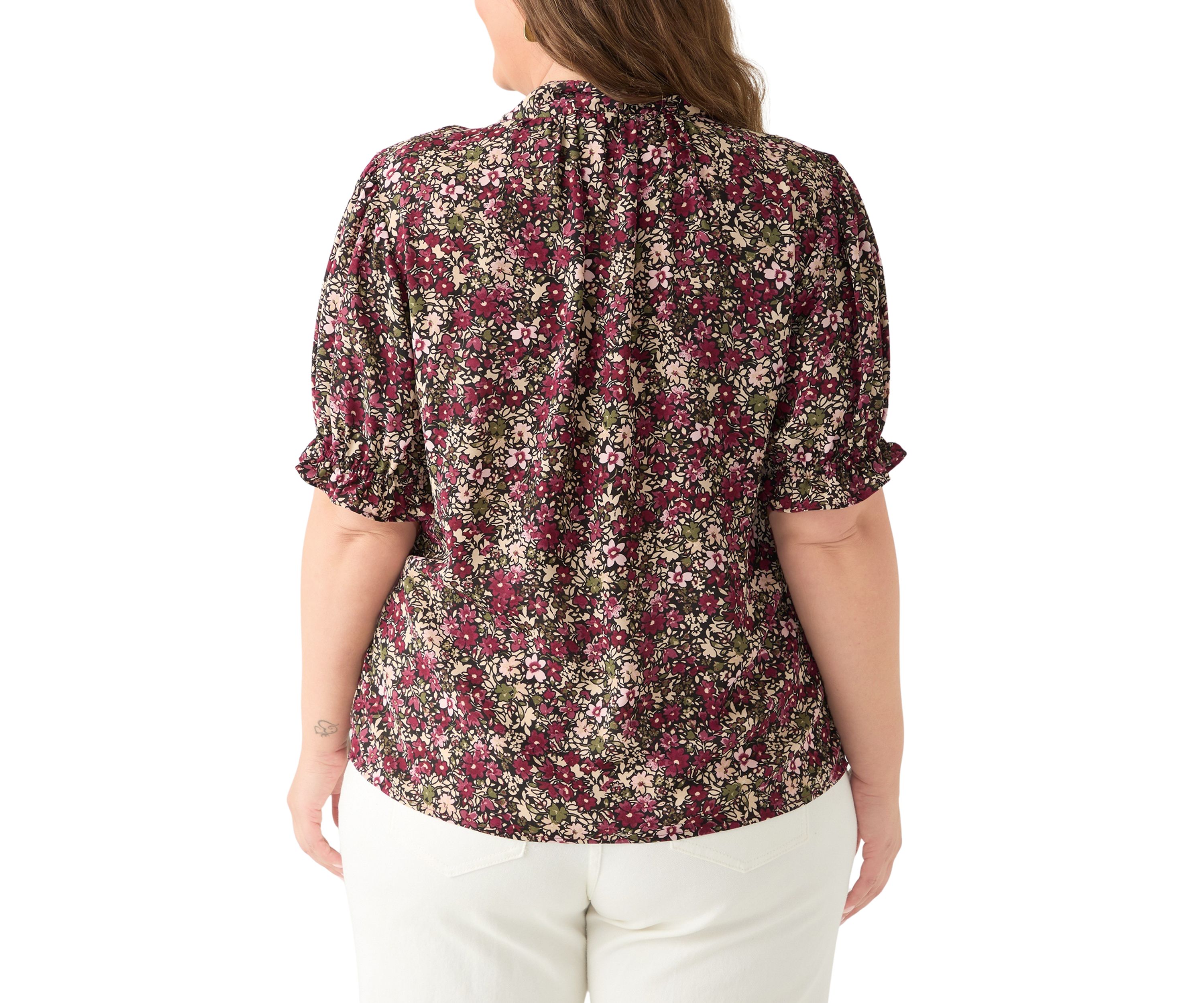 Plus Size Tie Neck Blouse with Short Puff Sleeves