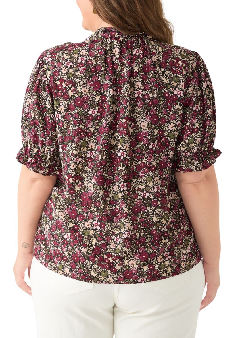 Plus Size Tie Neck Blouse with Short Puff Sleeves