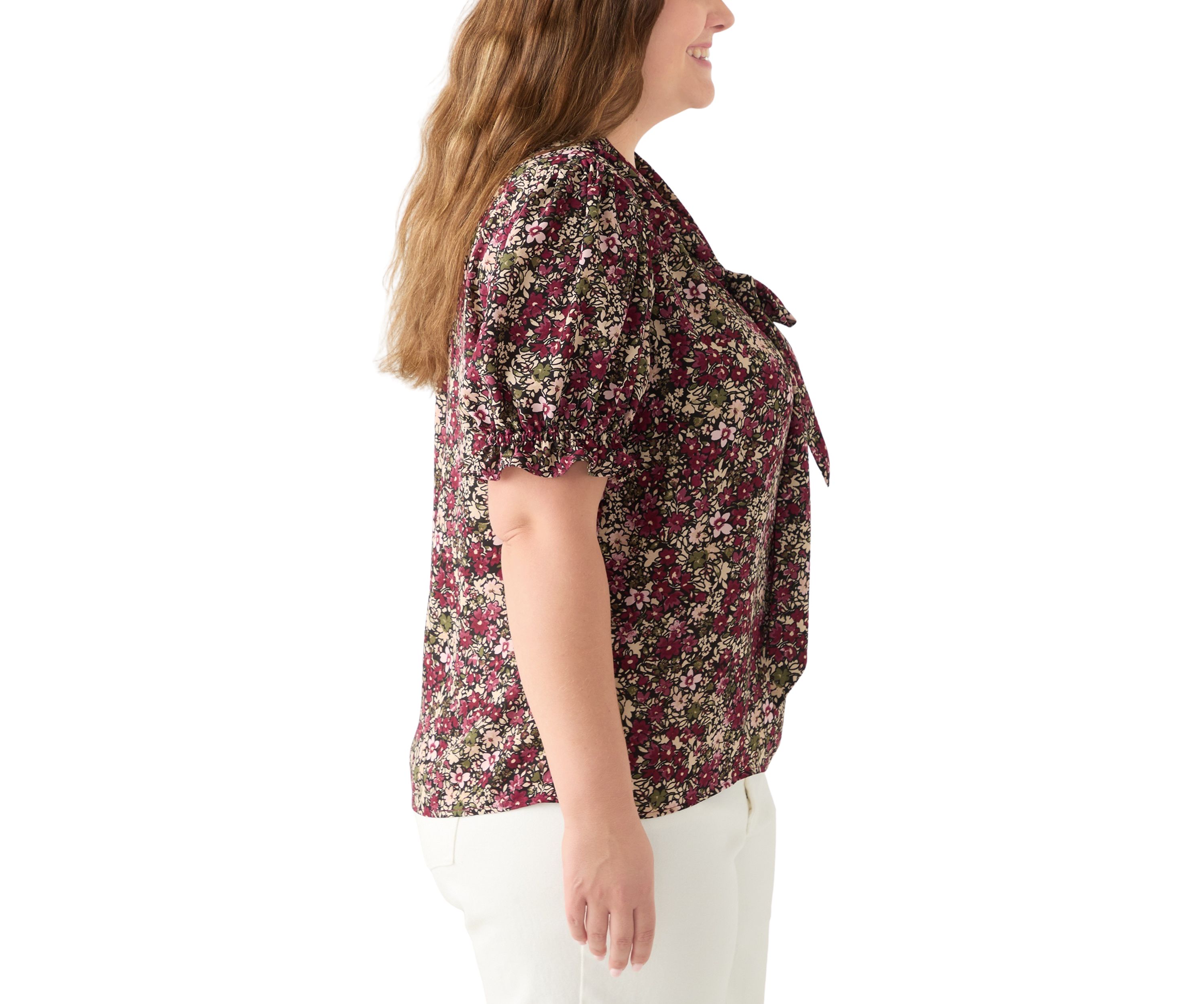 Plus Size Tie Neck Blouse with Short Puff Sleeves