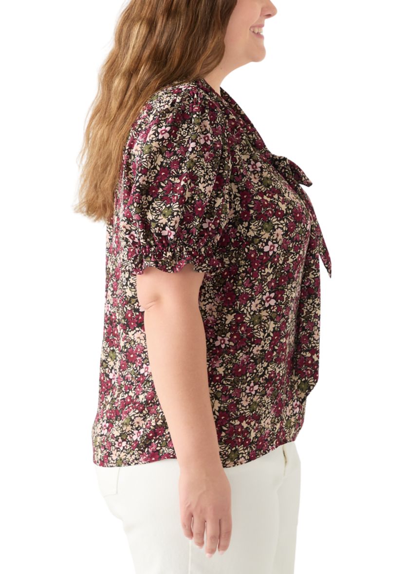 Plus Size Tie Neck Blouse with Short Puff Sleeves