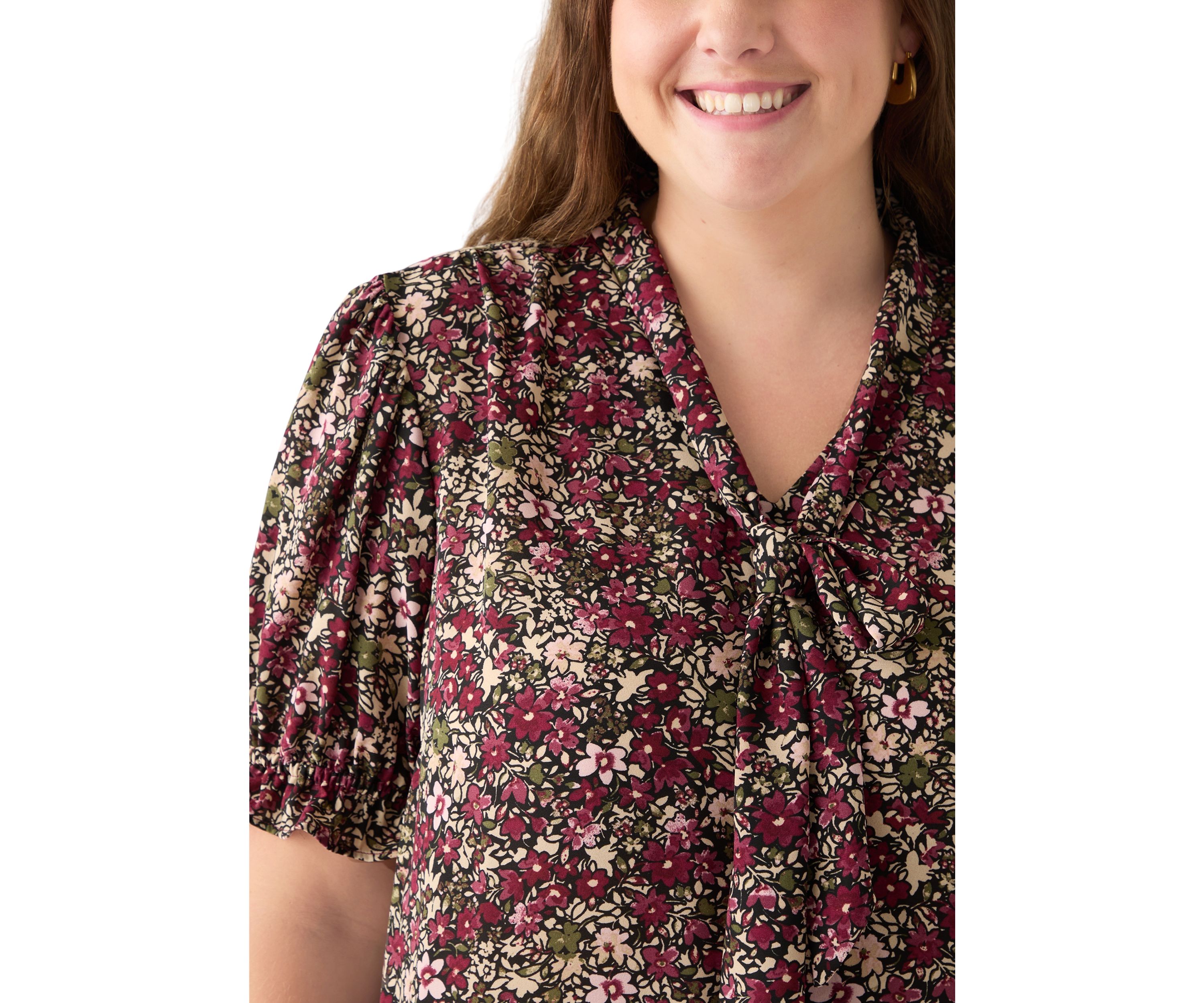 Plus Size Tie Neck Blouse with Short Puff Sleeves