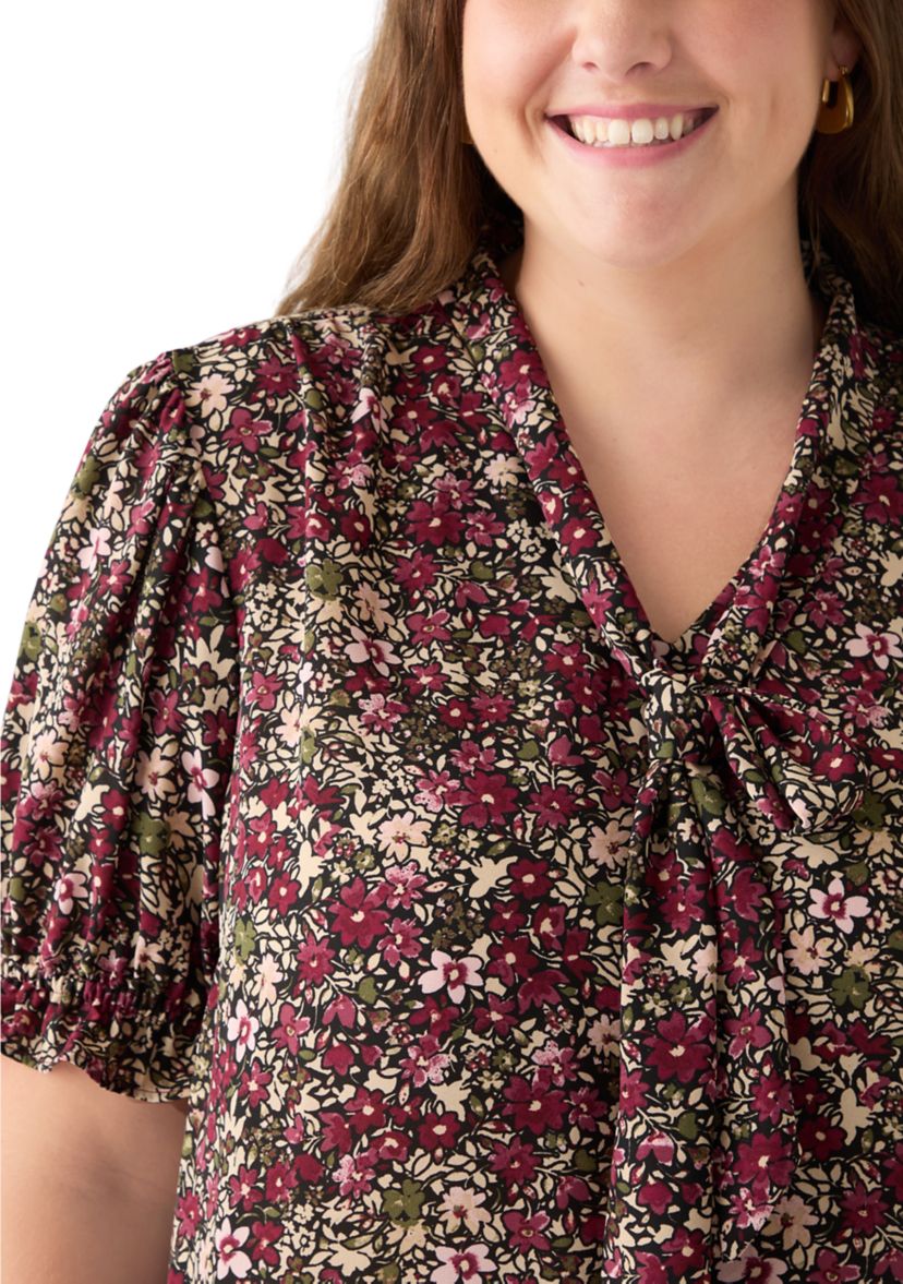 Plus Size Tie Neck Blouse with Short Puff Sleeves