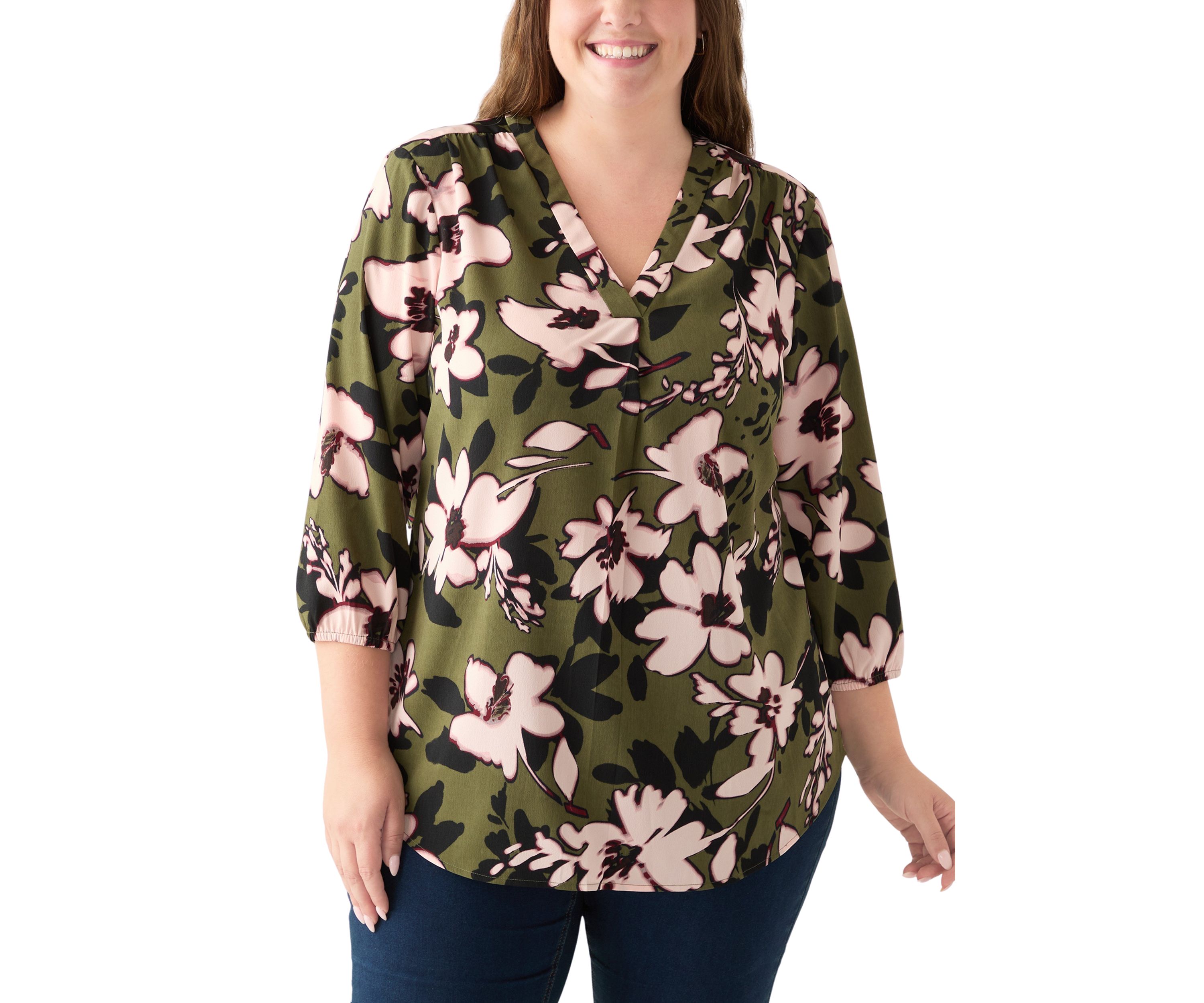 Plus Size 3/4 Sleeve V-Neck Tunic Top