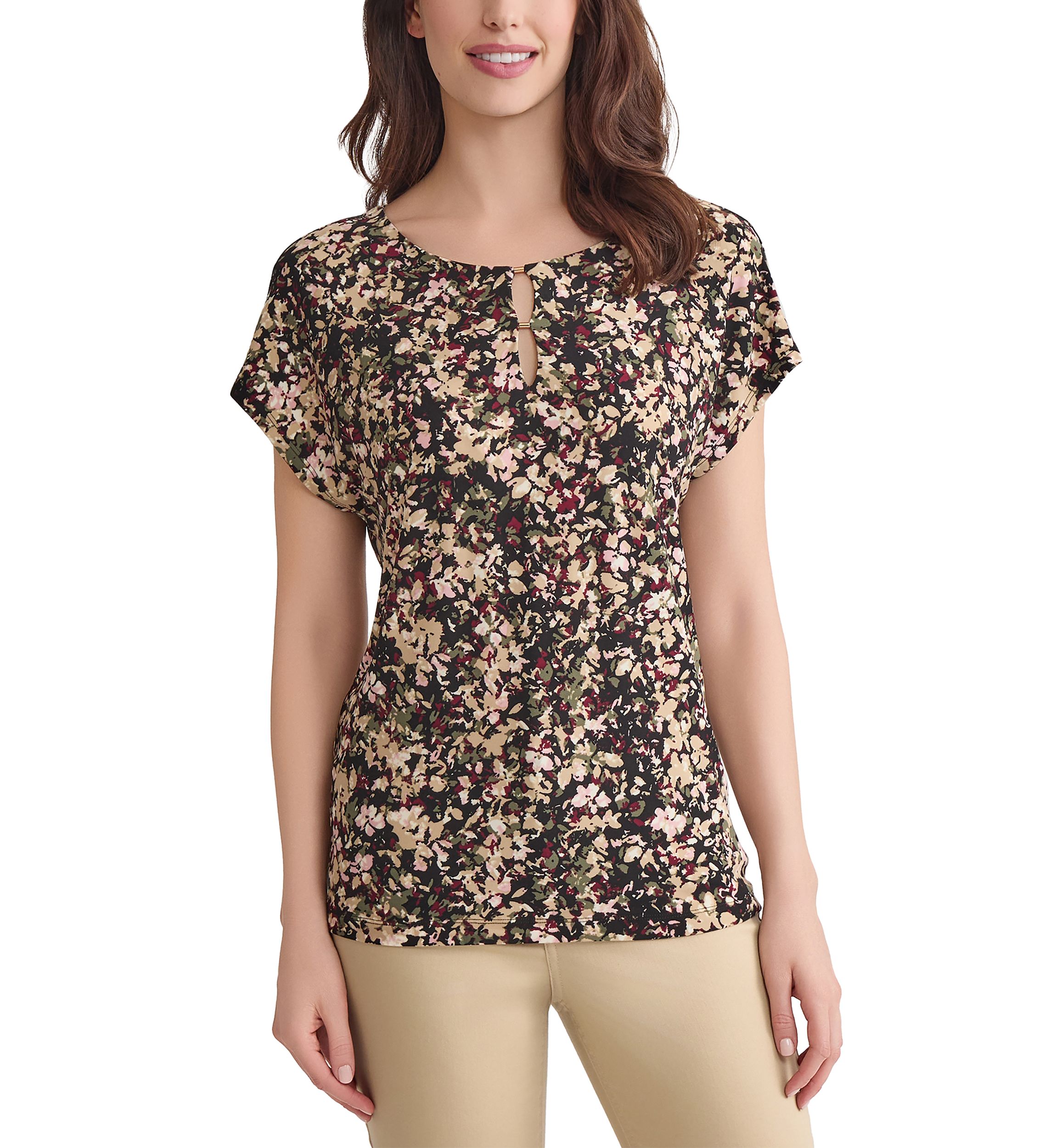 Womens Short Sleeve Printed Double Trim Top