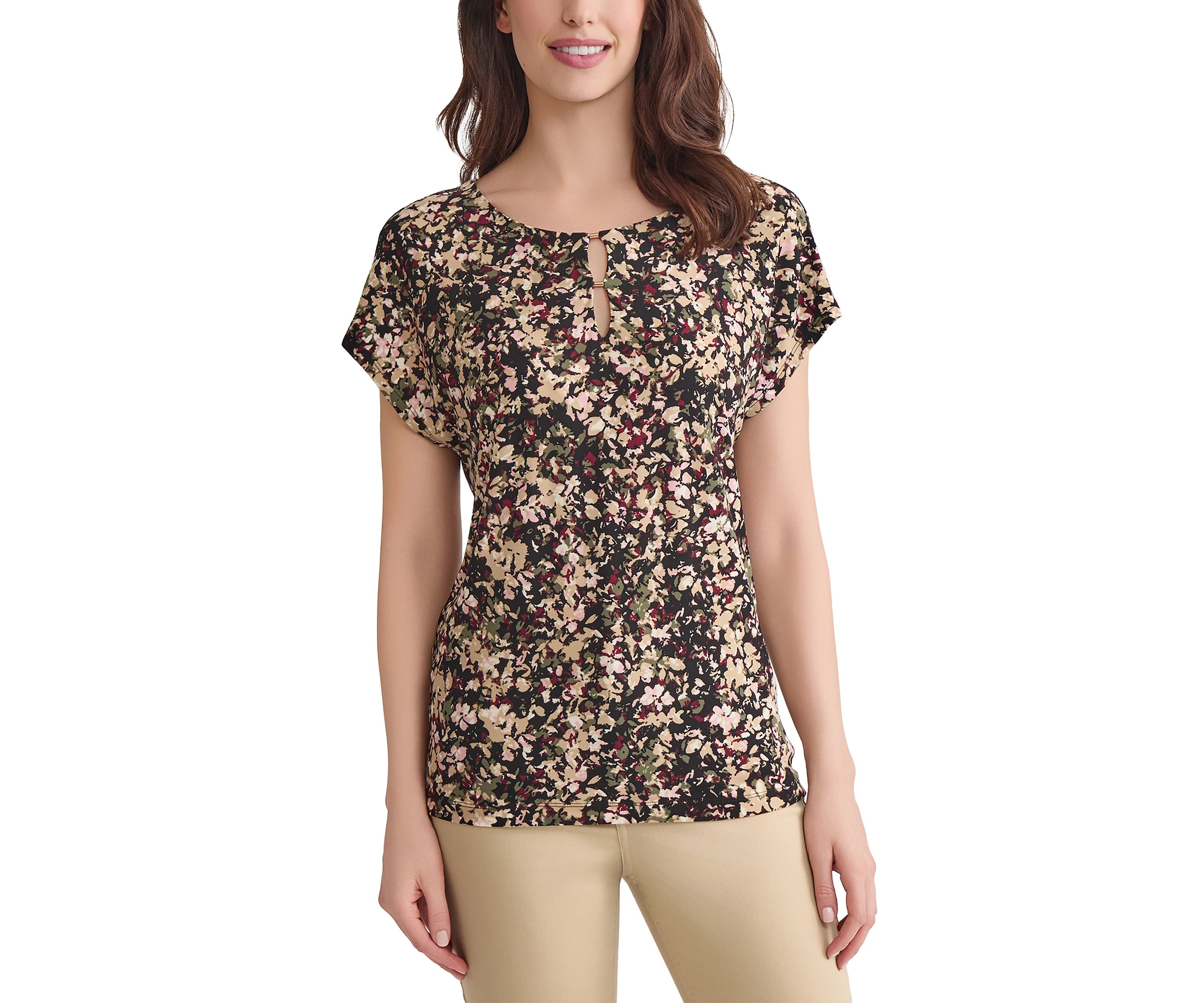 Womens Short Sleeve Printed Double Trim Top