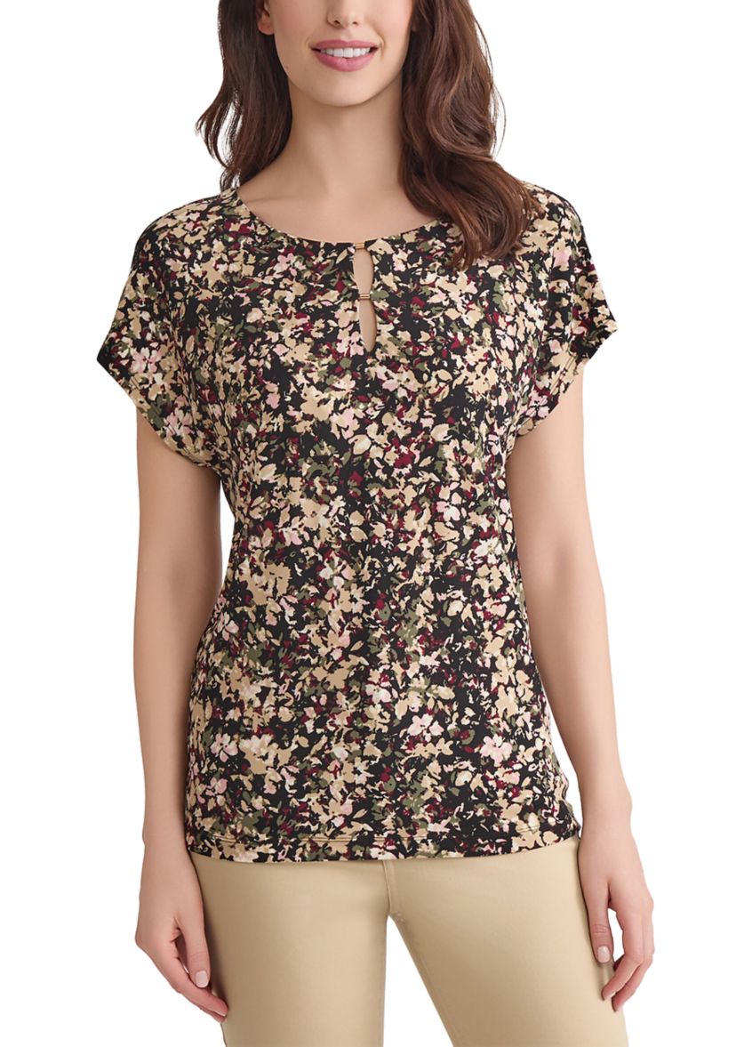 Womens Short Sleeve Printed Double Trim Top
