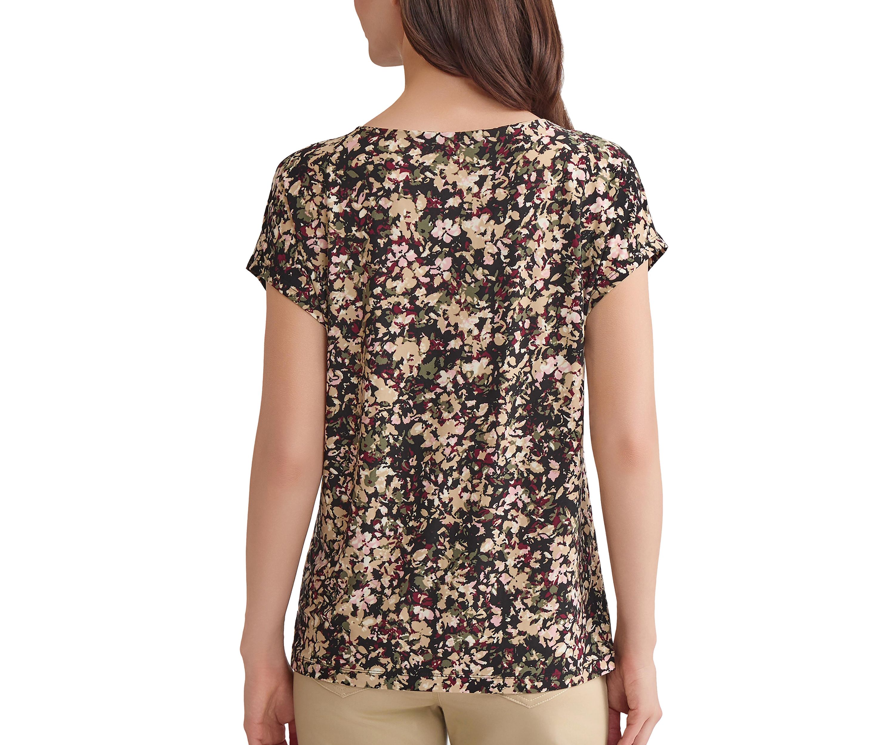 Womens Short Sleeve Printed Double Trim Top