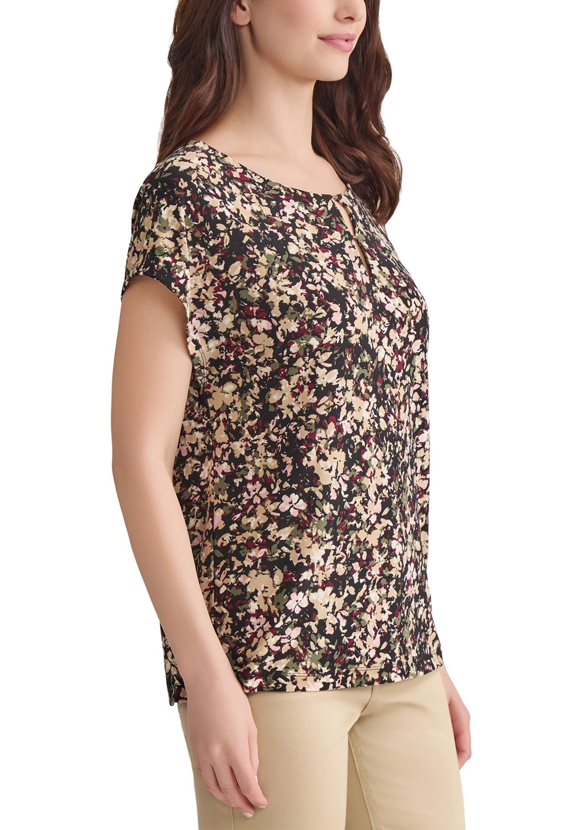 Womens Short Sleeve Printed Double Trim Top