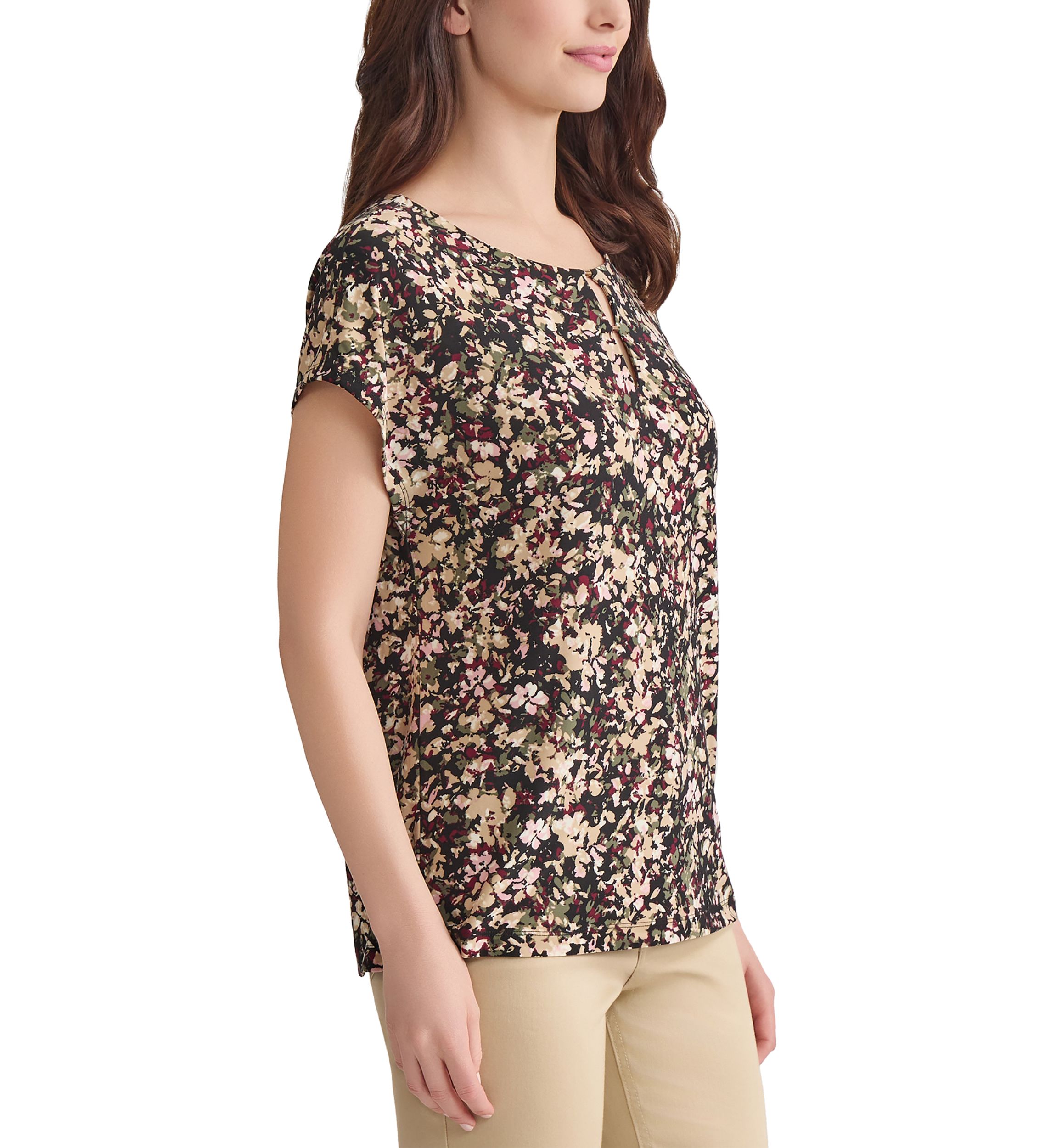 Womens Short Sleeve Printed Double Trim Top