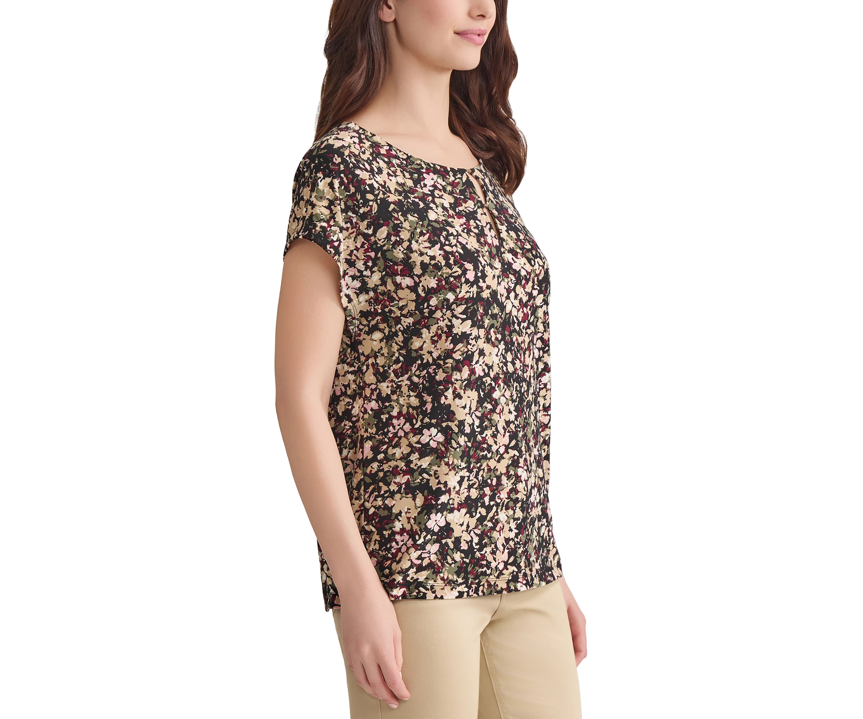 Womens Short Sleeve Printed Double Trim Top