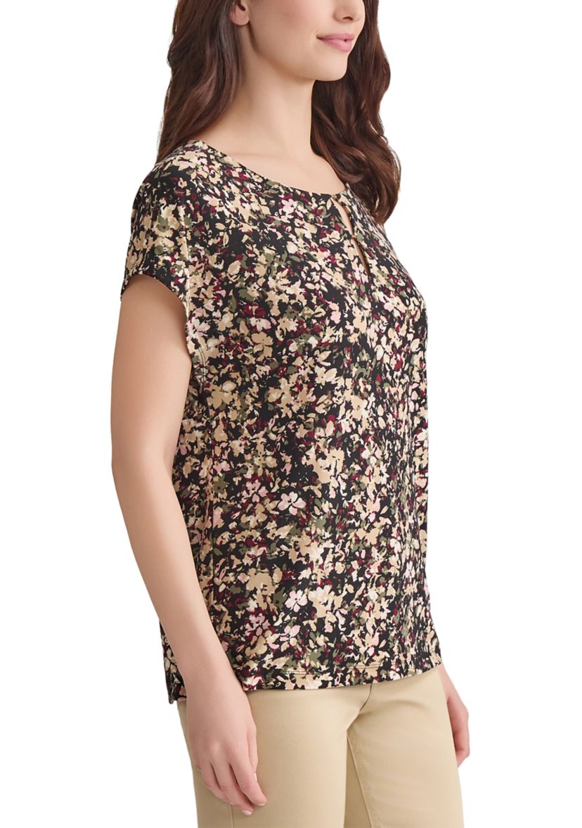 Womens Short Sleeve Printed Double Trim Top