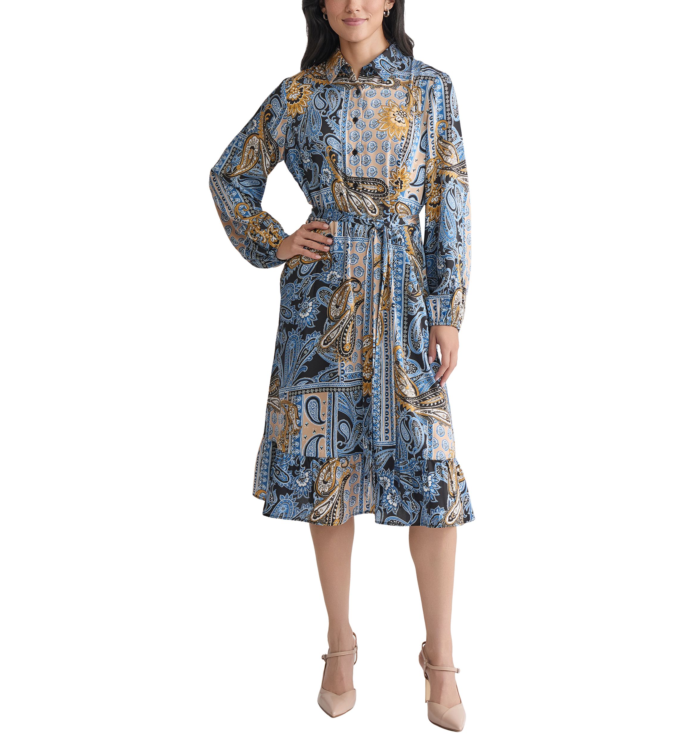 Womens Long Sleeve Printed Chiffon A-Line Dress