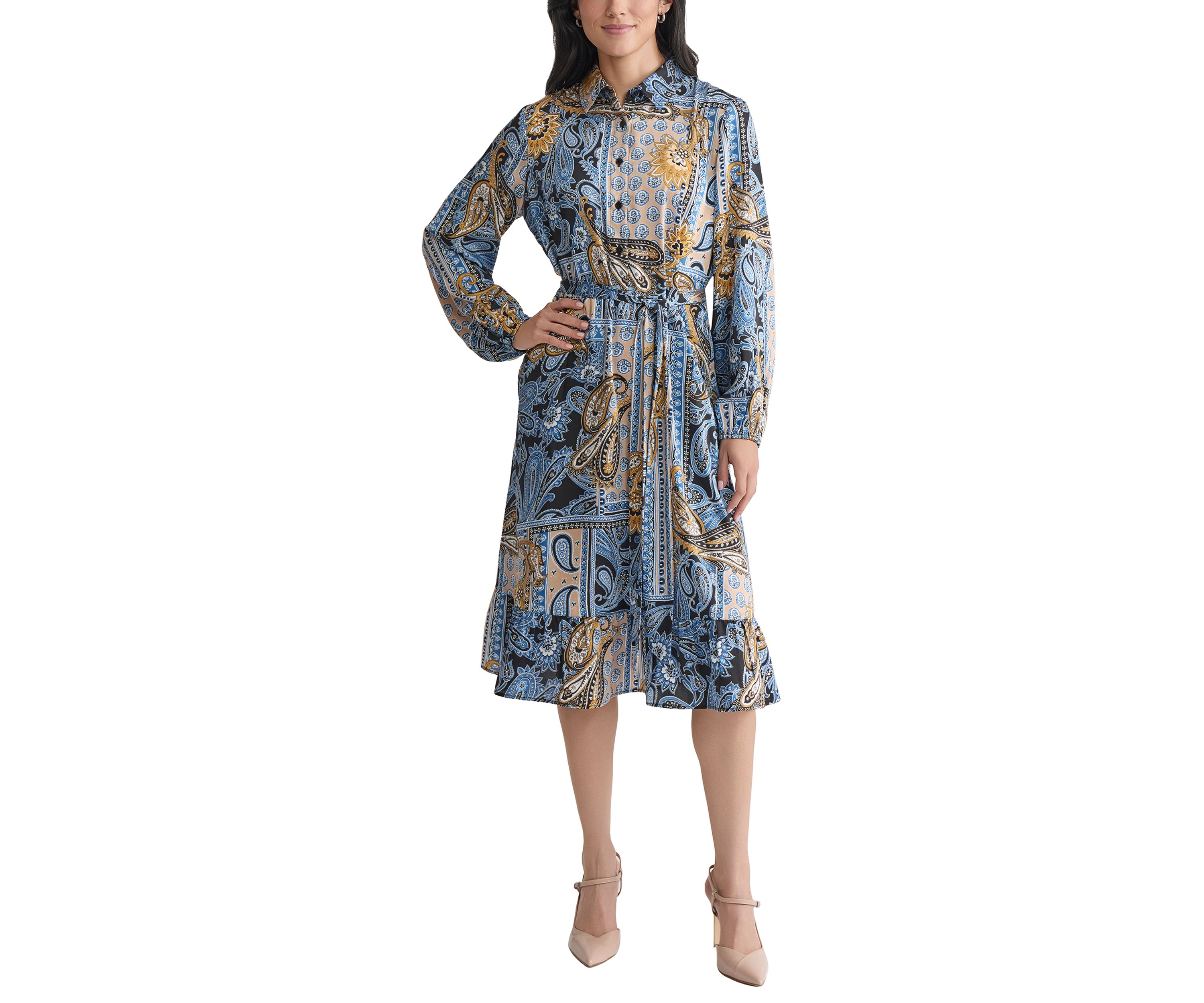 Womens Long Sleeve Printed Chiffon A-Line Dress
