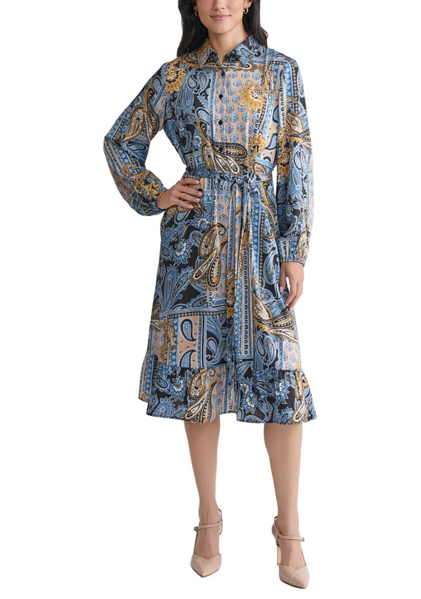 Womens Long Sleeve Printed Chiffon A-Line Dress