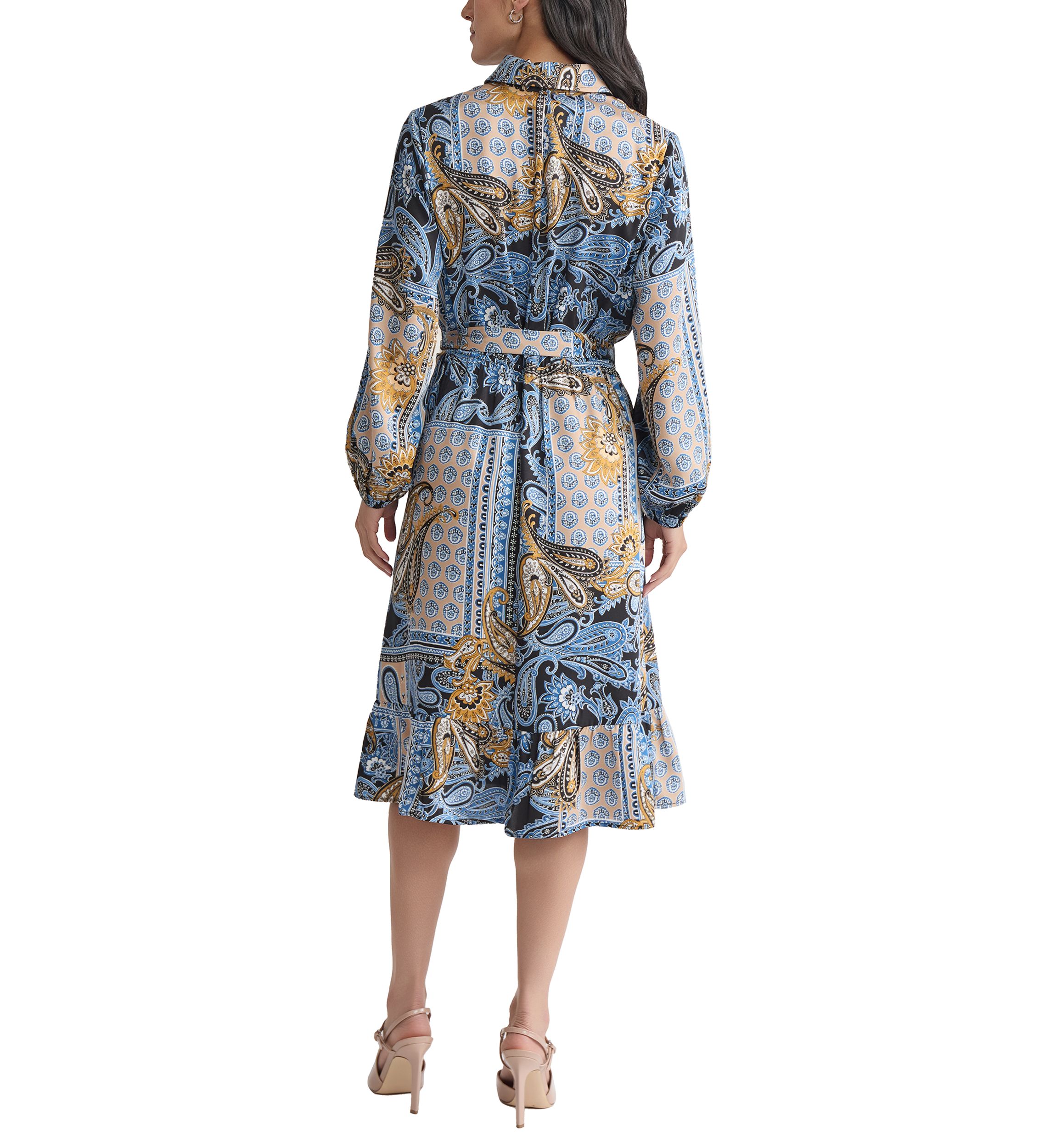 Womens Long Sleeve Printed Chiffon A-Line Dress