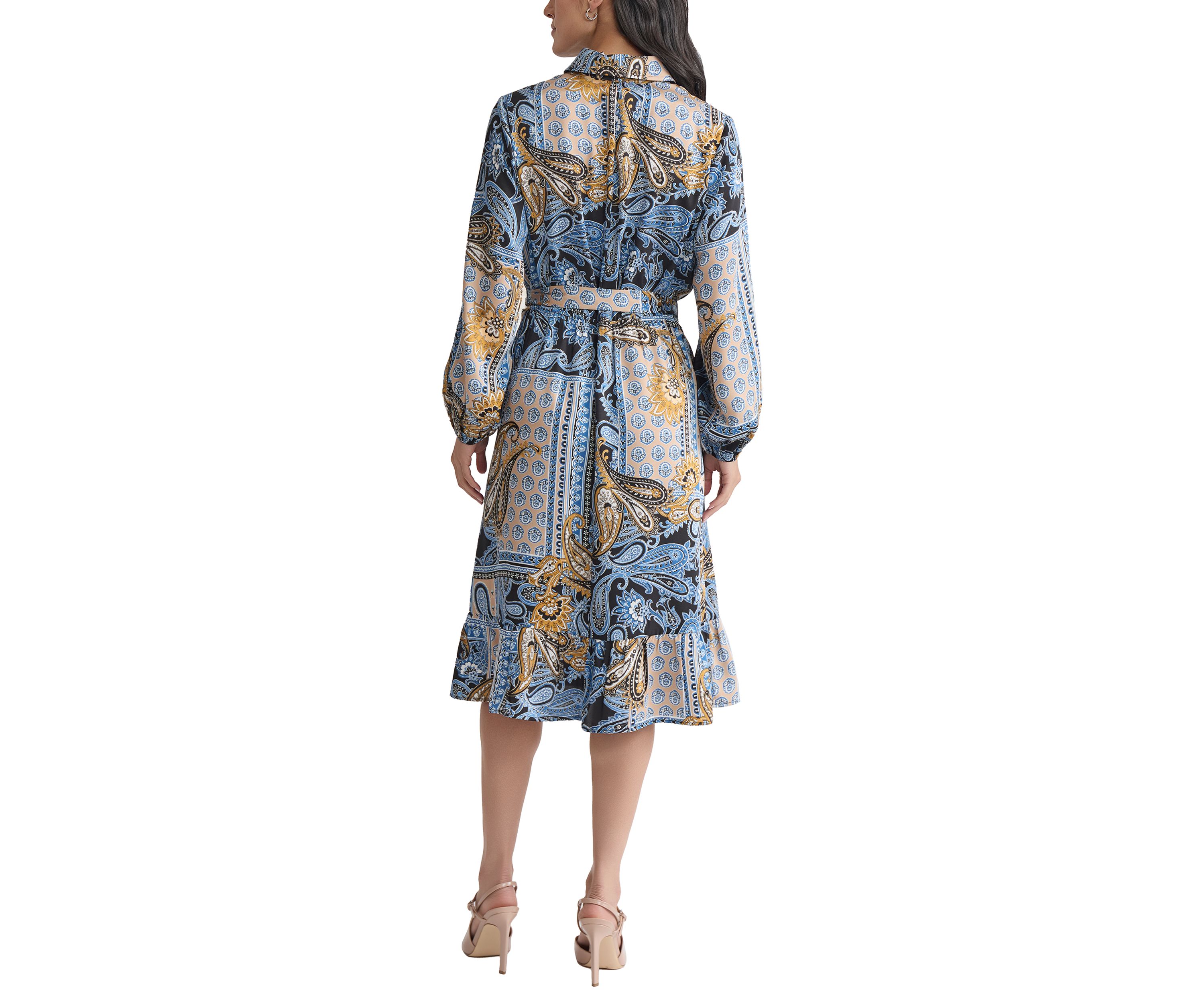 Womens Long Sleeve Printed Chiffon A-Line Dress