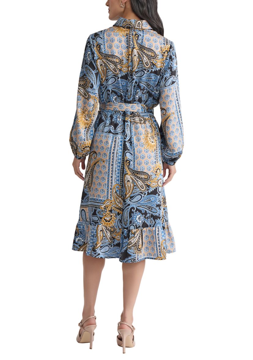 Womens Long Sleeve Printed Chiffon A-Line Dress