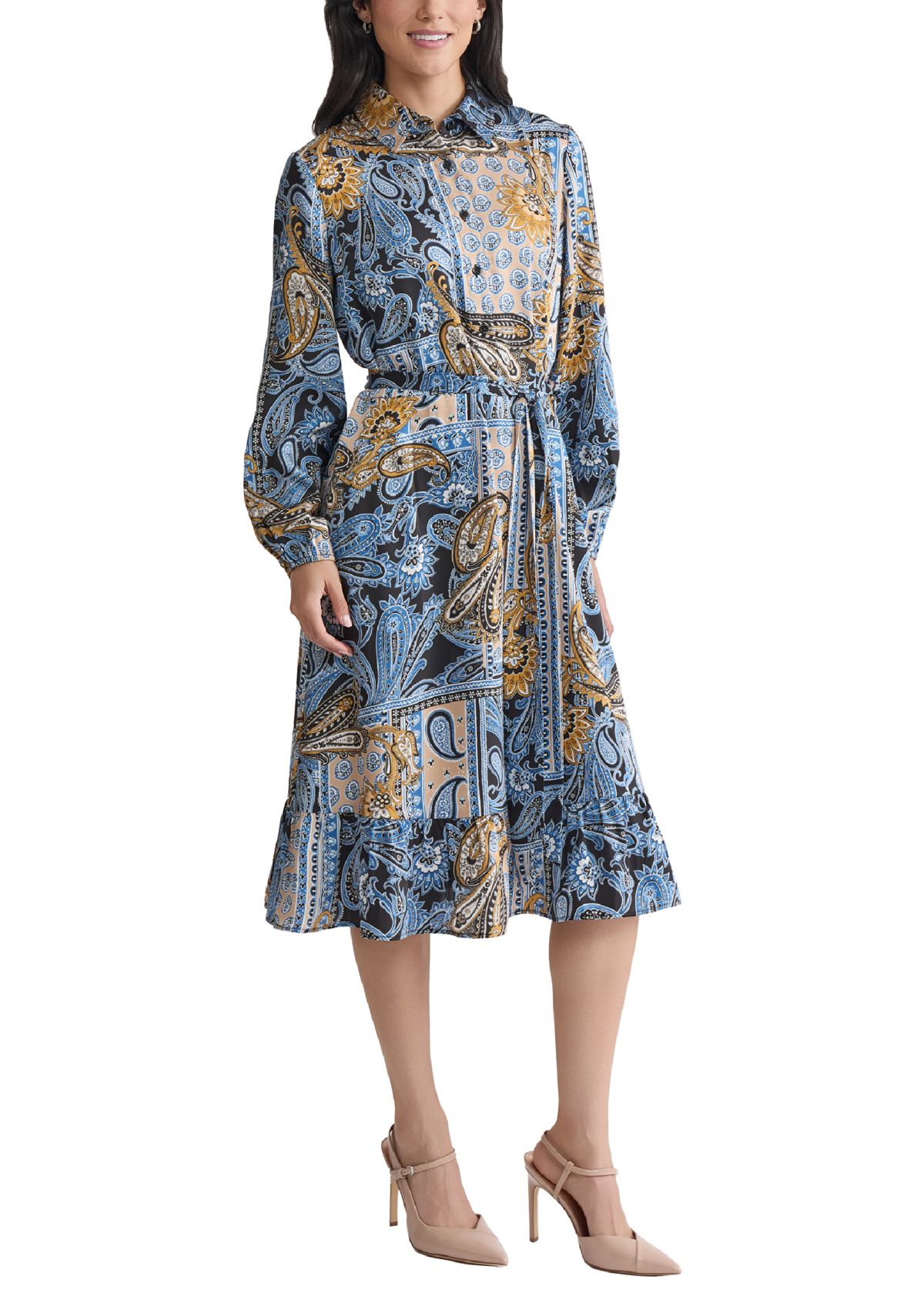 Womens Long Sleeve Printed Chiffon A-Line Dress