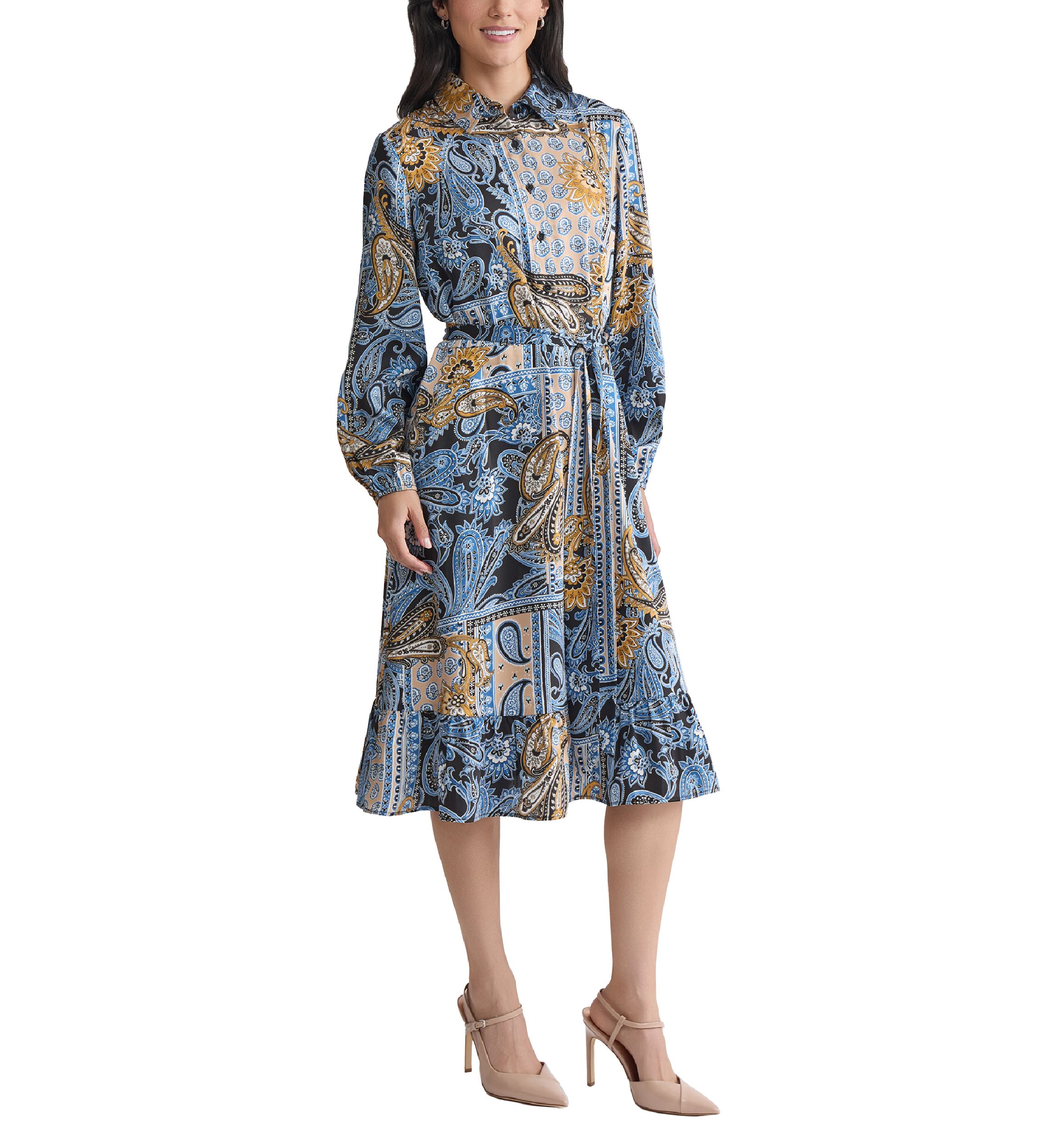Womens Long Sleeve Printed Chiffon A-Line Dress