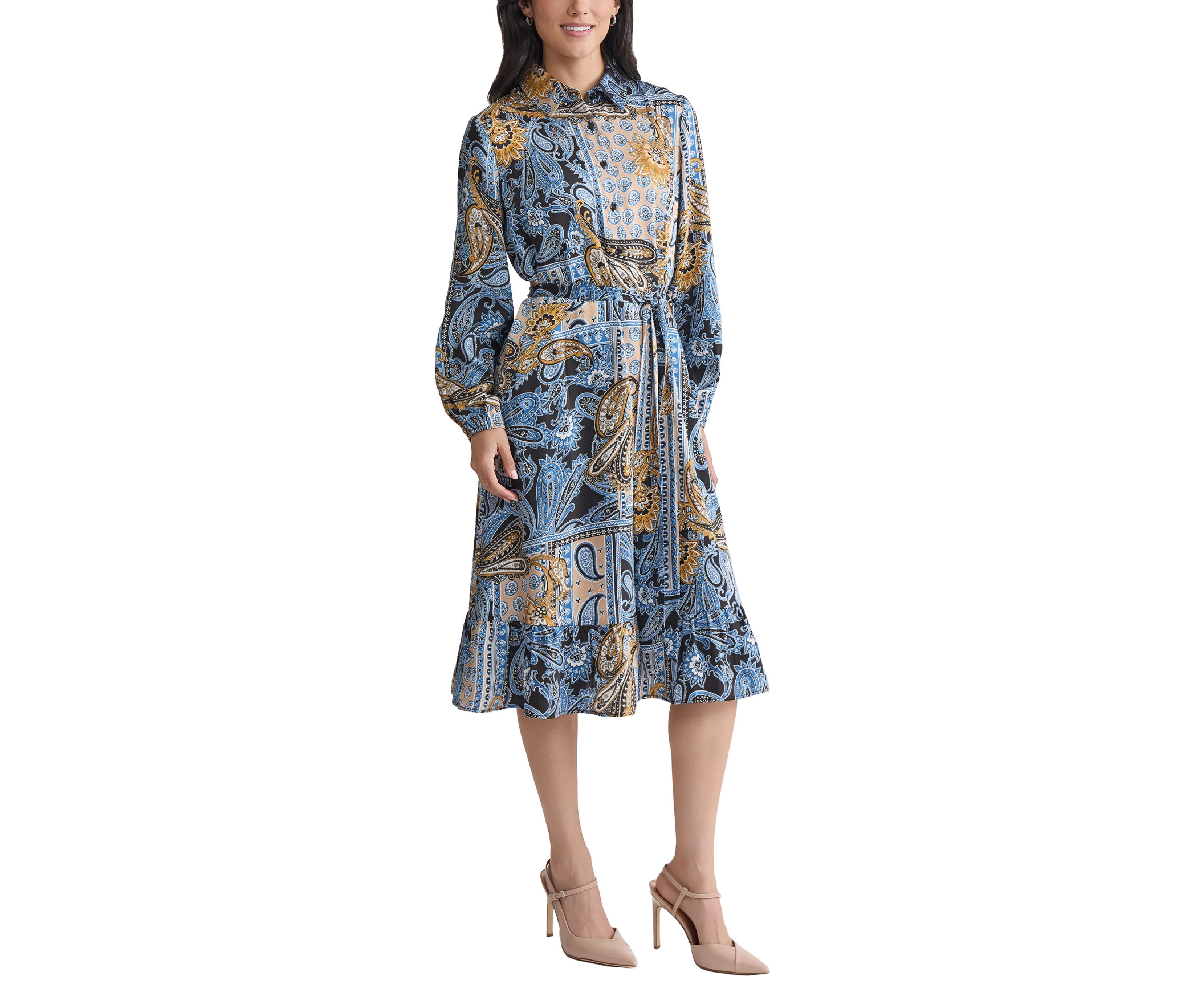 Womens Long Sleeve Printed Chiffon A-Line Dress