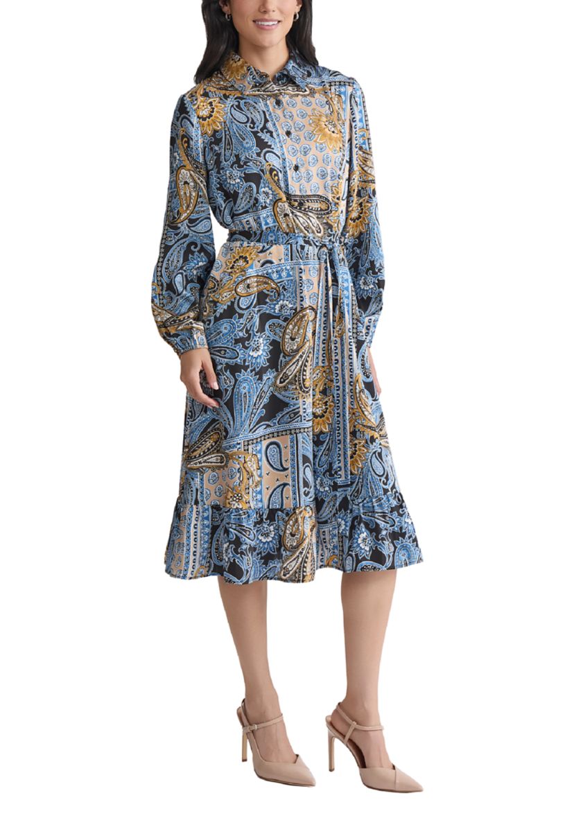 Womens Long Sleeve Printed Chiffon A-Line Dress