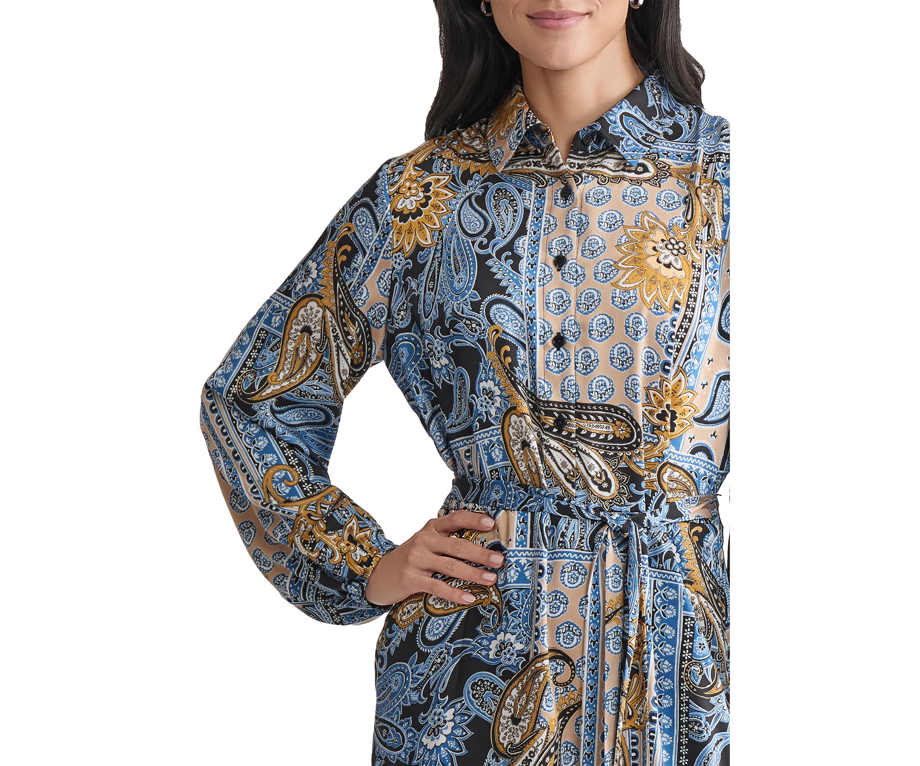 Womens Long Sleeve Printed Chiffon A-Line Dress