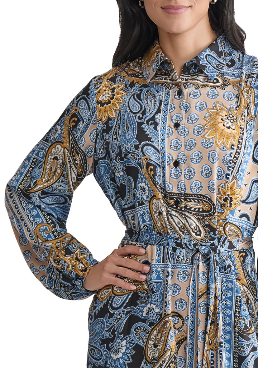 Womens Long Sleeve Printed Chiffon A-Line Dress